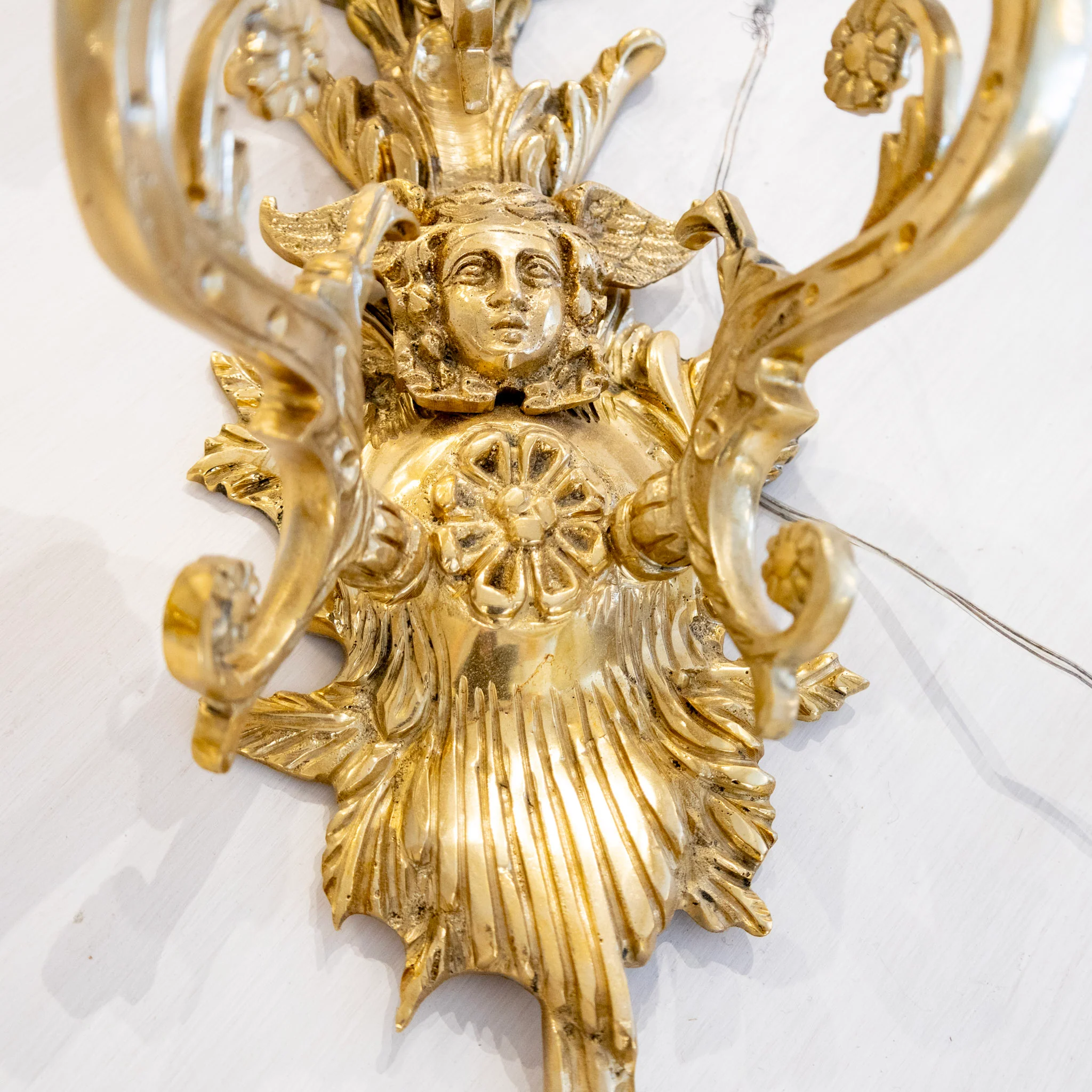French Brass Large Wall Sconce - Scroll Arms & Empire Frame - Image 5