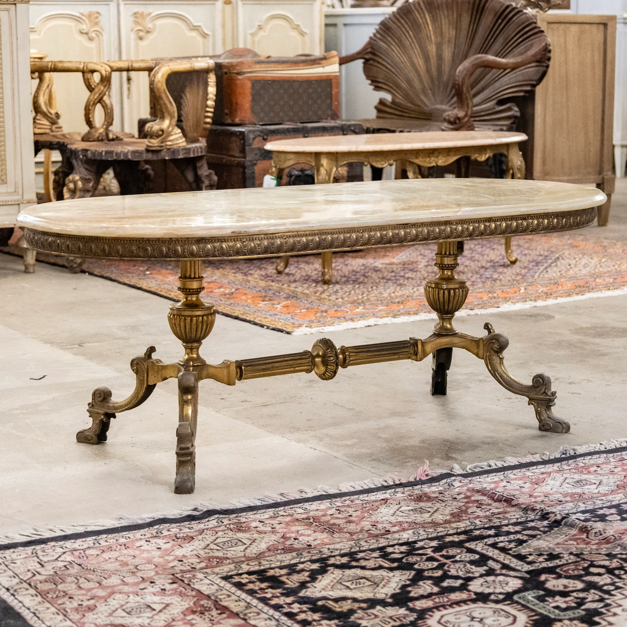 French Brass Oval Coffee Table – Green Onyx Top - Image 2