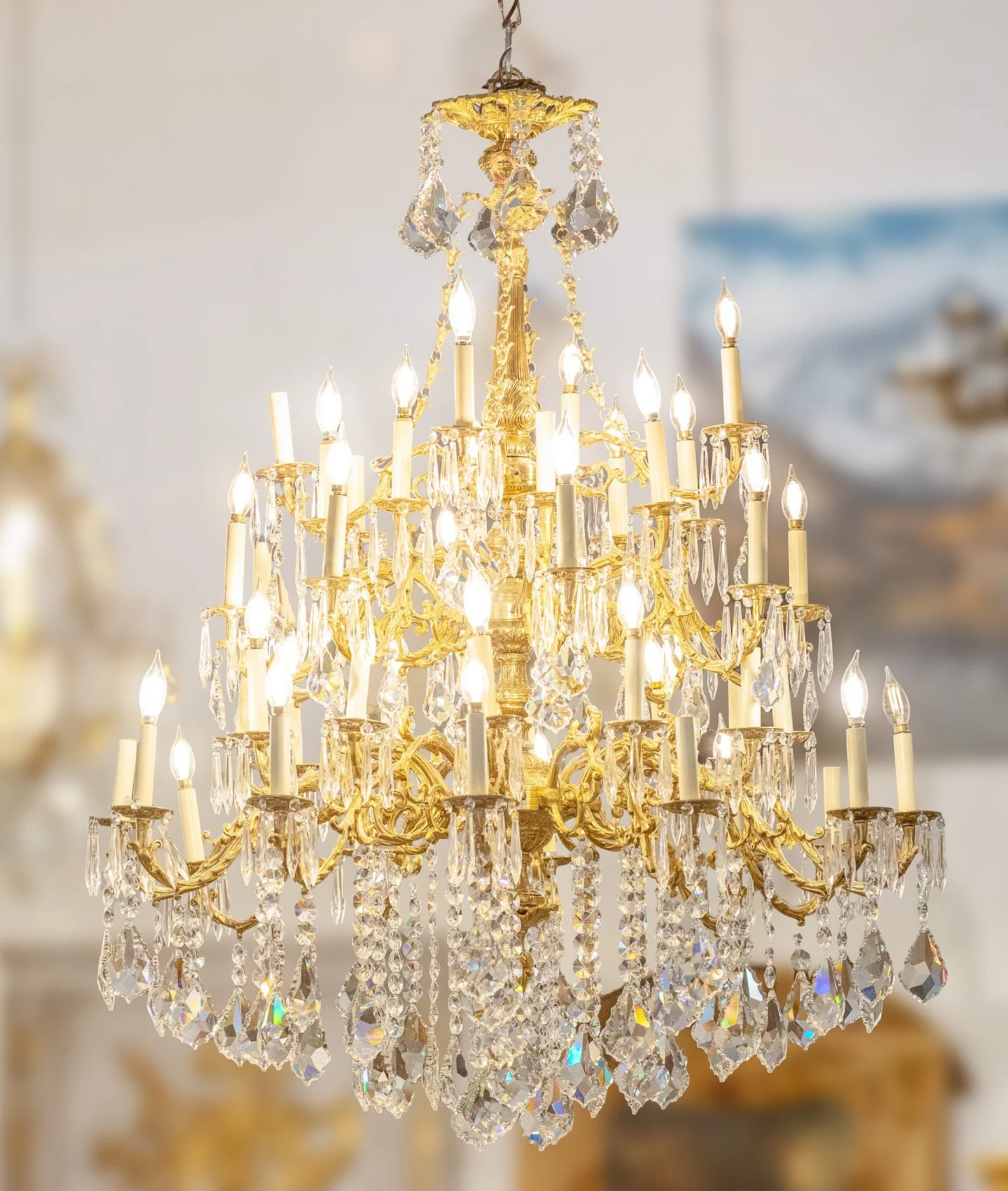 French Empire Brass Candelabra Chandelier – Floral Chain Drapery & Crystal Drops