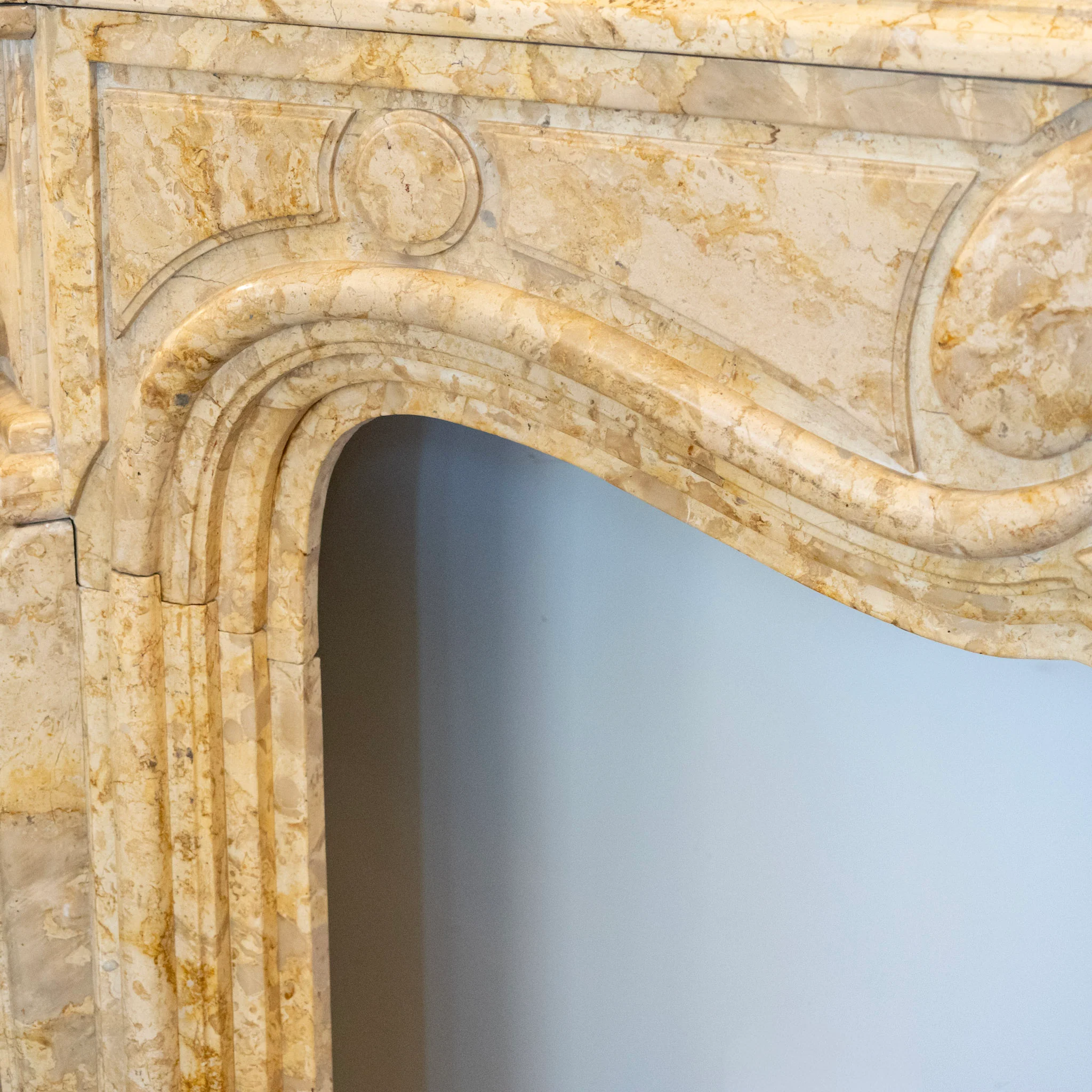 French Breccia Marble Fireplace Mantel – Carved Spade Apron - Image 3