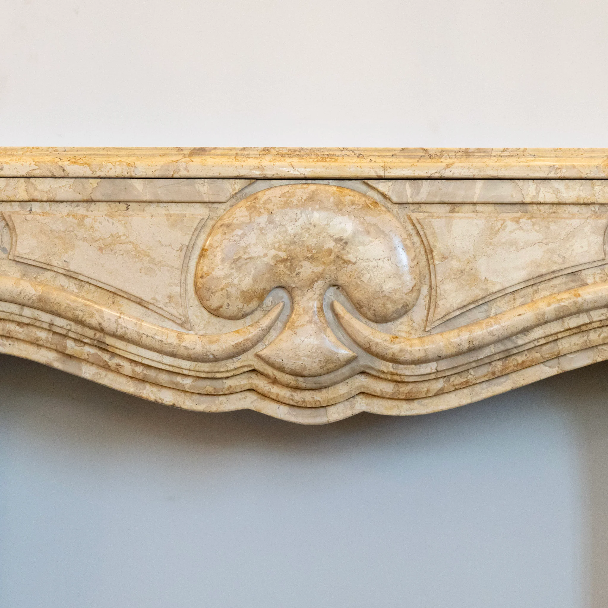 French Breccia Marble Fireplace Mantel – Carved Spade Apron - Image 4