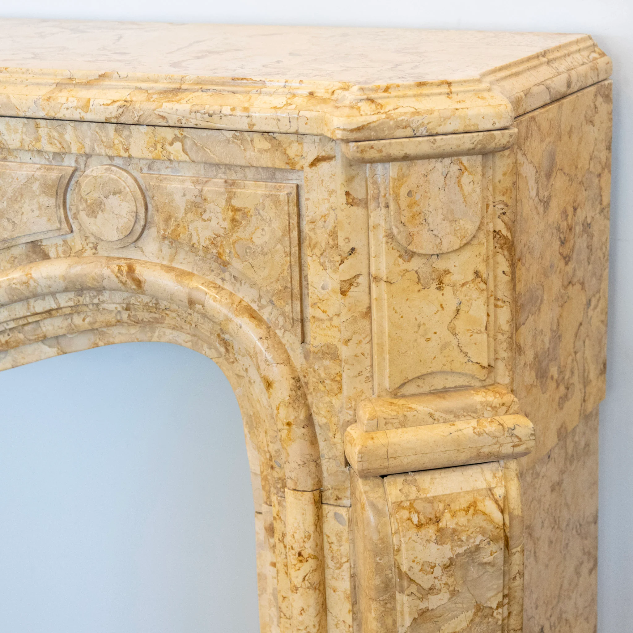 French Breccia Marble Fireplace Mantel – Carved Spade Apron - Image 5