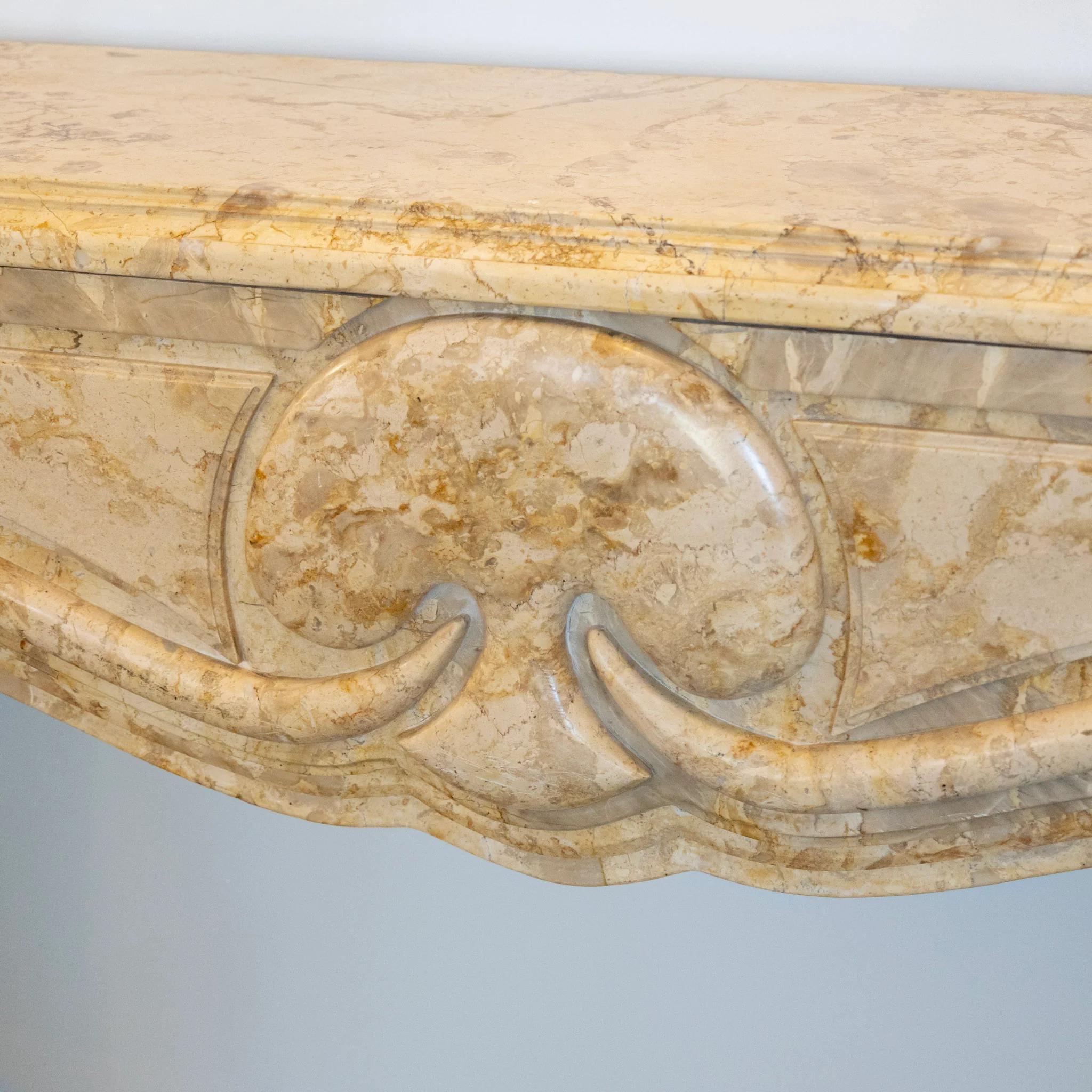 French Breccia Marble Fireplace Mantel – Carved Spade Apron - Image 7