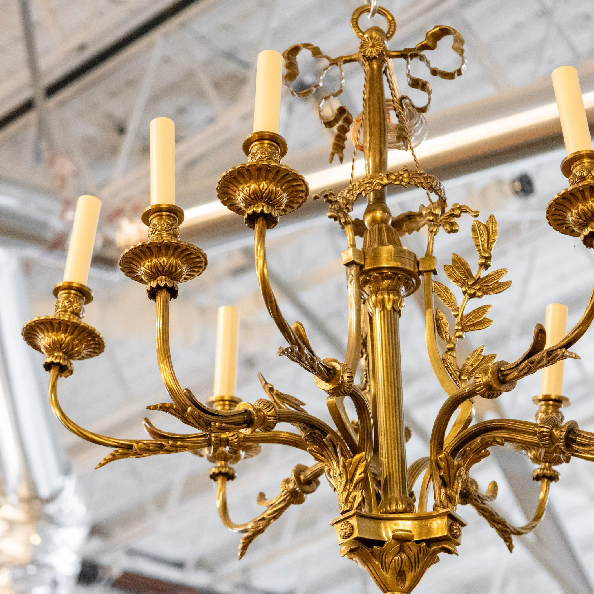 French Candelabra Brass Chandelier – Leaf Arms & Bow Crown - Image 2