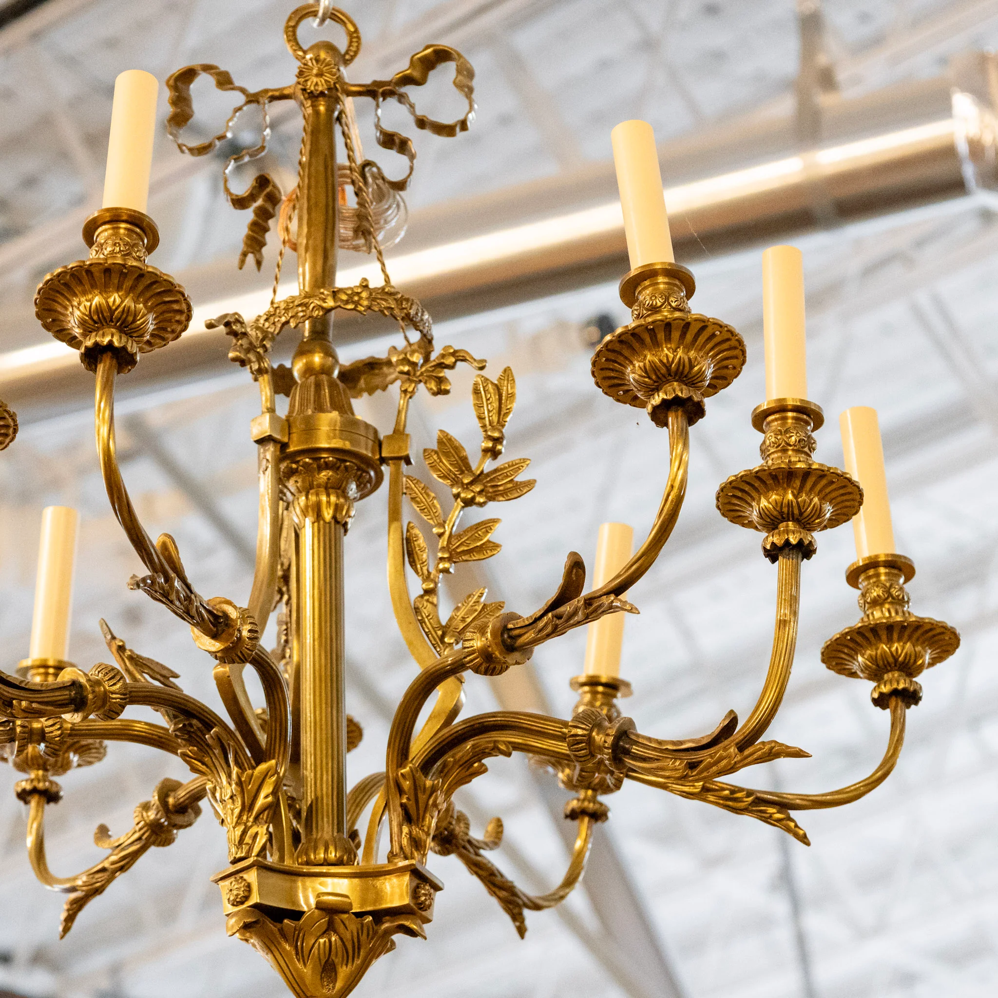 French Candelabra Brass Chandelier – Leaf Arms & Bow Crown - Image 3