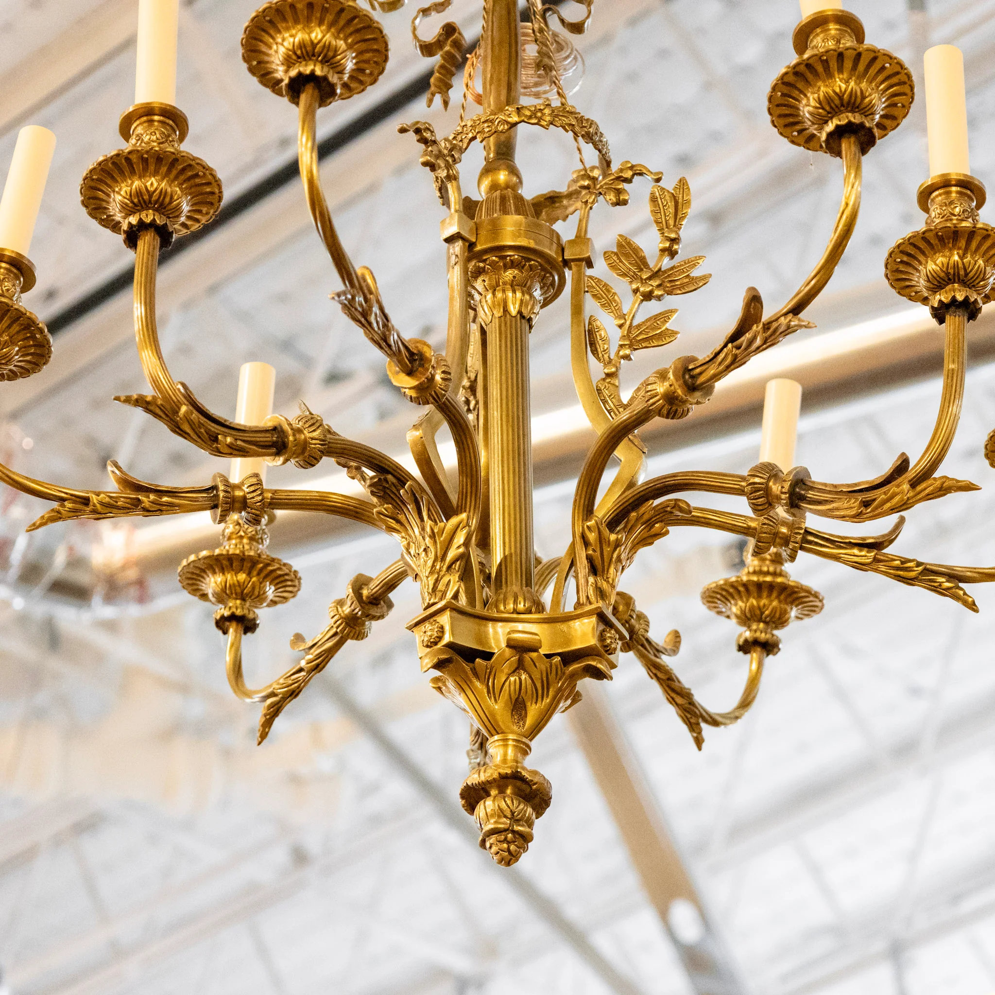 French Candelabra Brass Chandelier – Leaf Arms & Bow Crown - Image 4