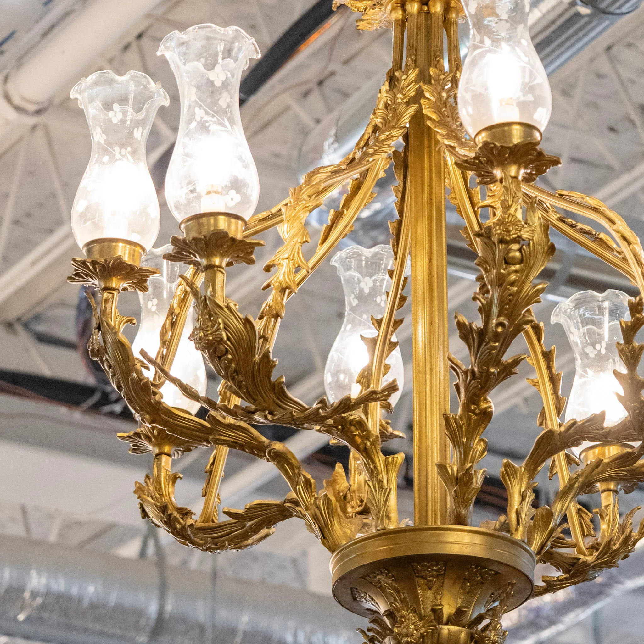 French Candelabra Brass Chandelier – Ornate Leaf Frame & Glass Etched Shades - Image 2