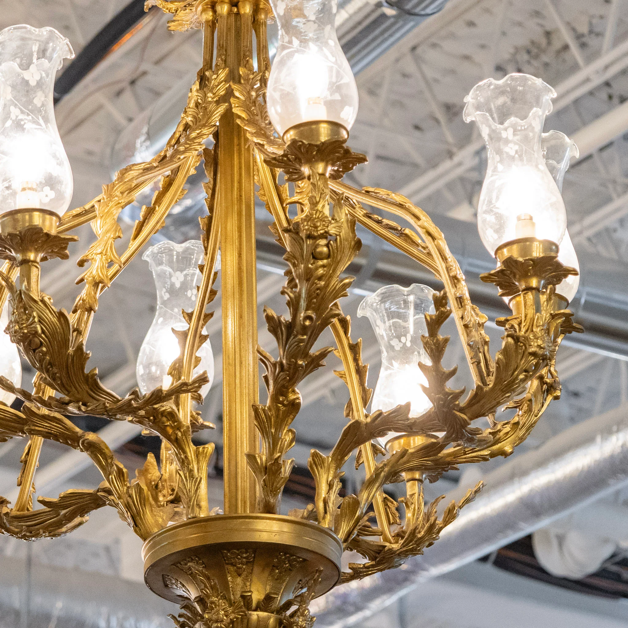 French Candelabra Brass Chandelier – Ornate Leaf Frame & Glass Etched Shades - Image 3
