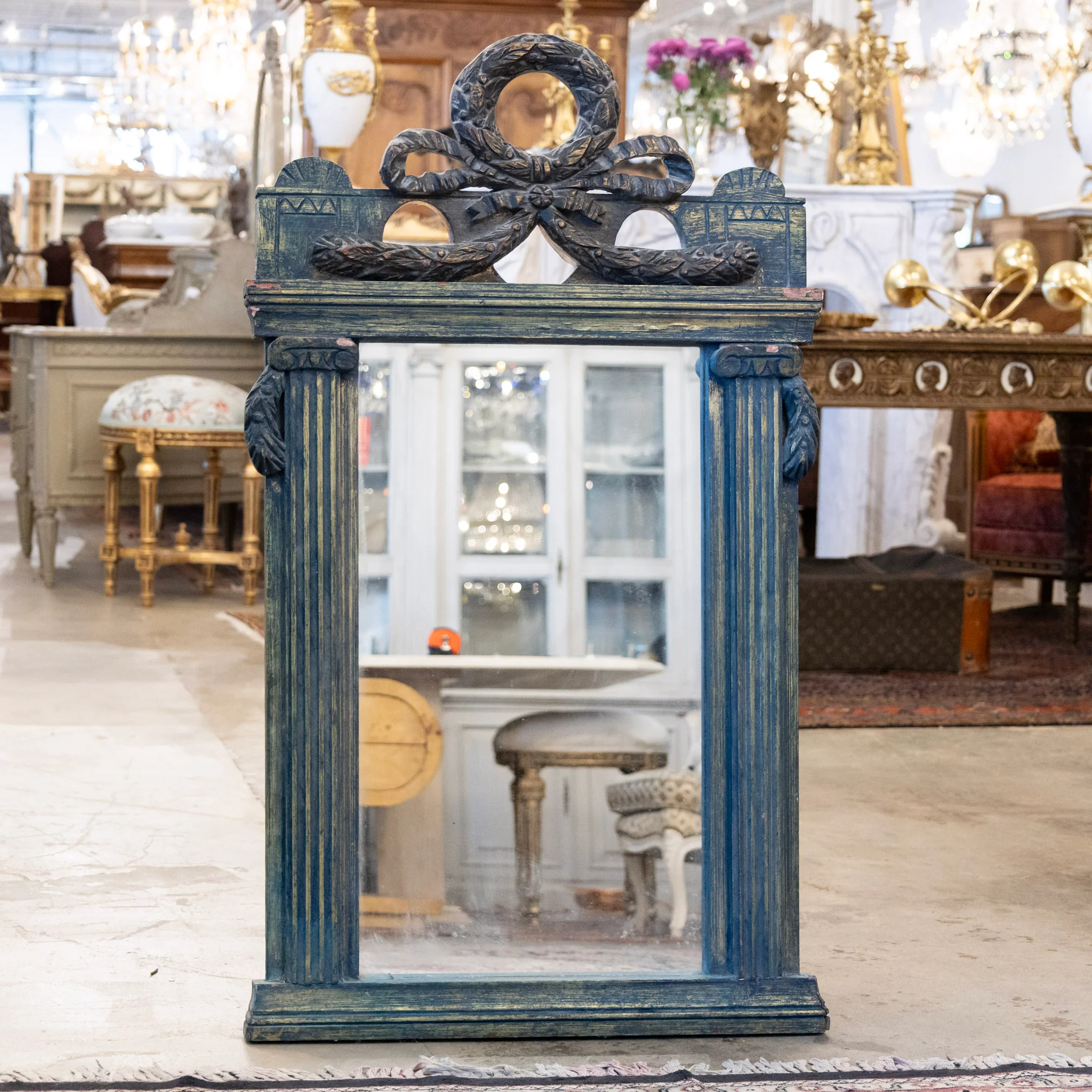 French Carved Blue Painted Mirror – Wreath & Bow Crest