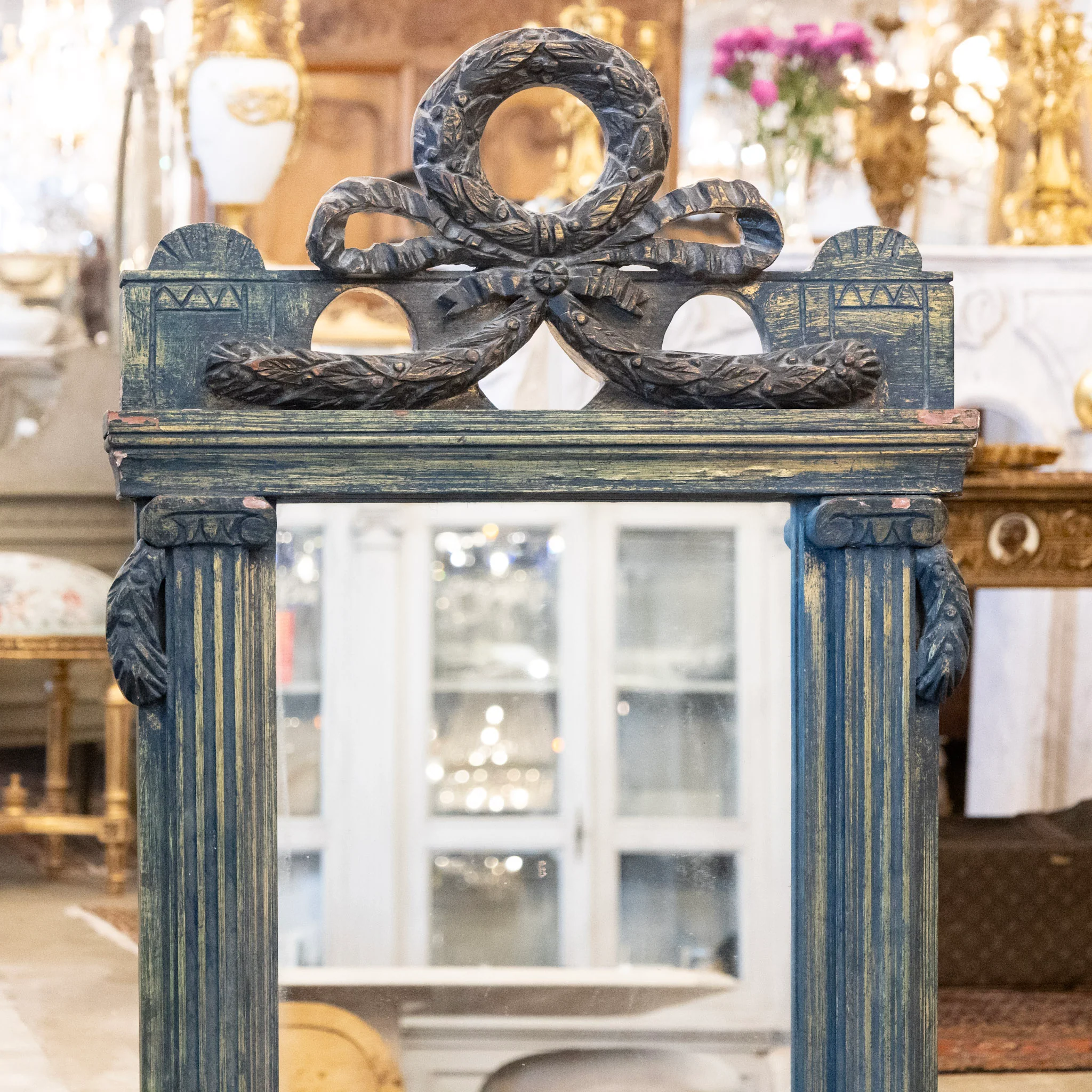French Carved Blue Painted Mirror – Wreath & Bow Crest - Image 2
