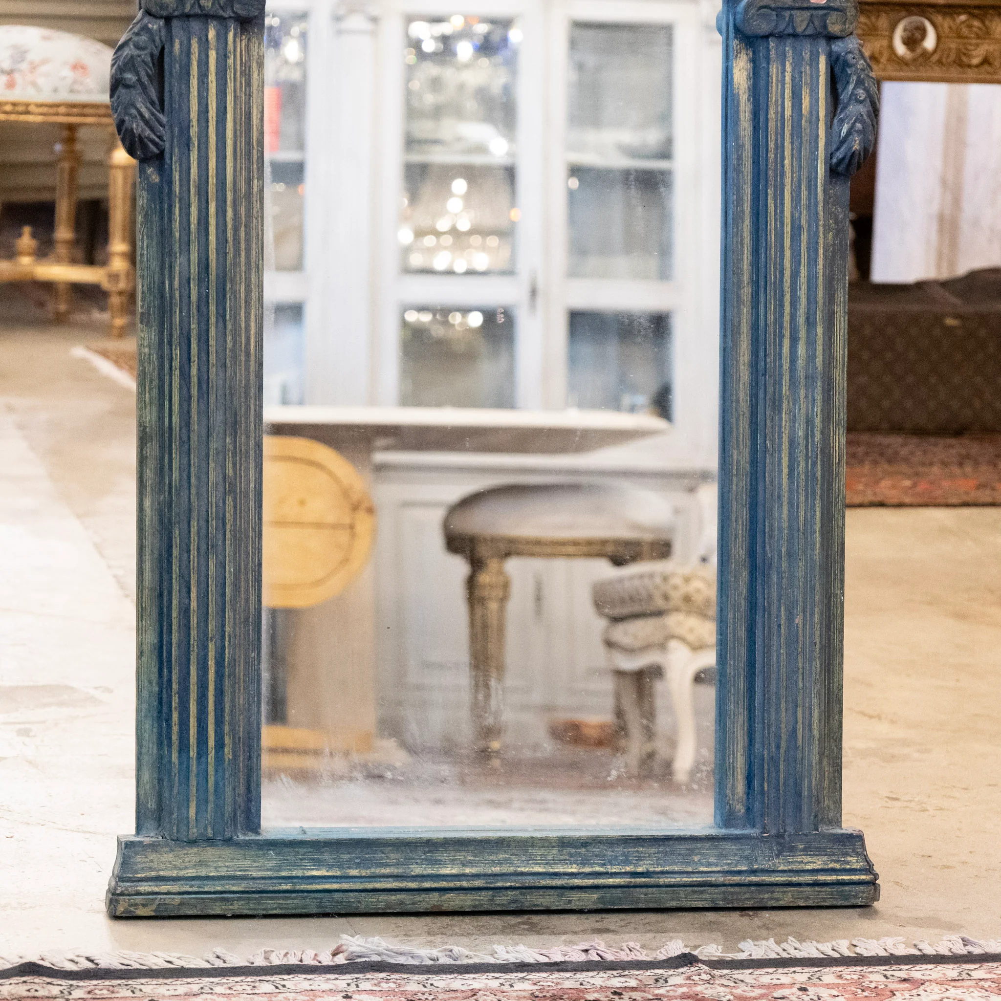 French Carved Blue Painted Mirror – Wreath & Bow Crest - Image 3