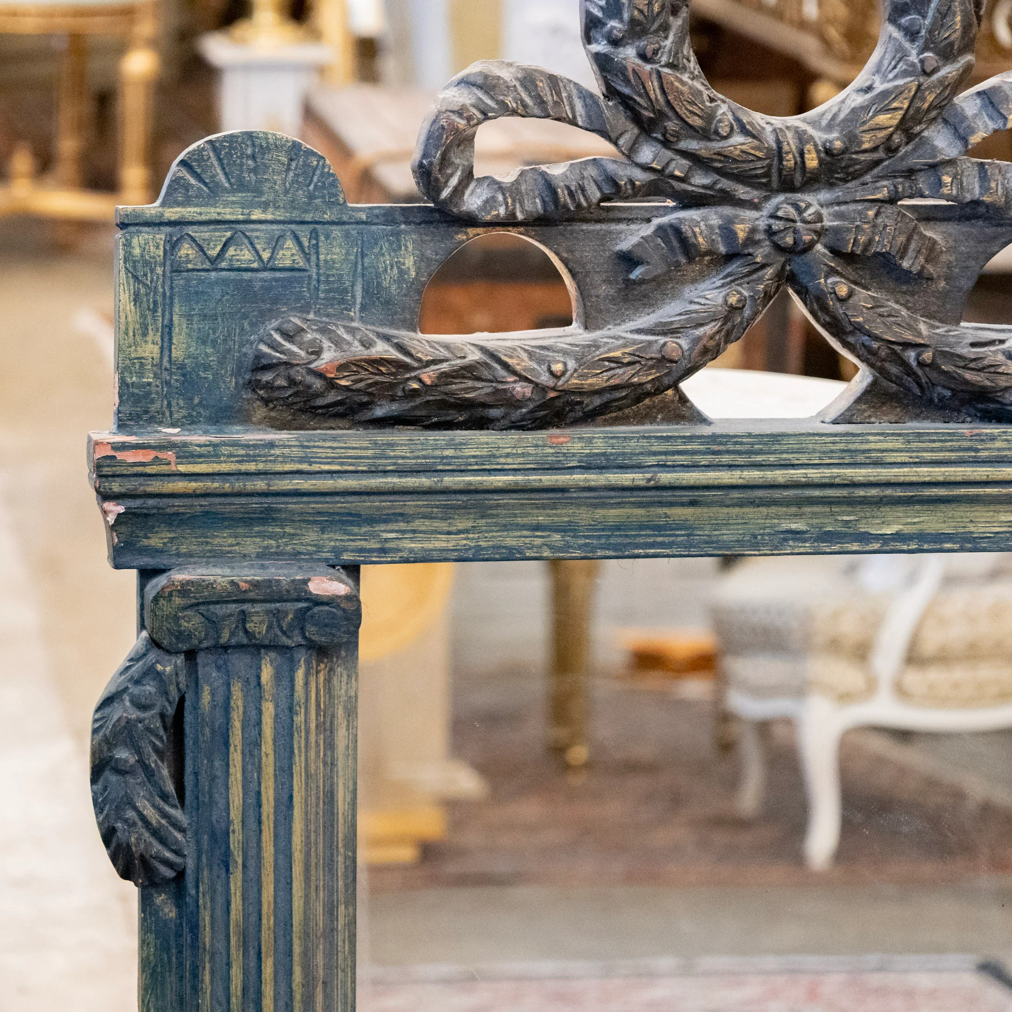 French Carved Blue Painted Mirror – Wreath & Bow Crest - Image 4