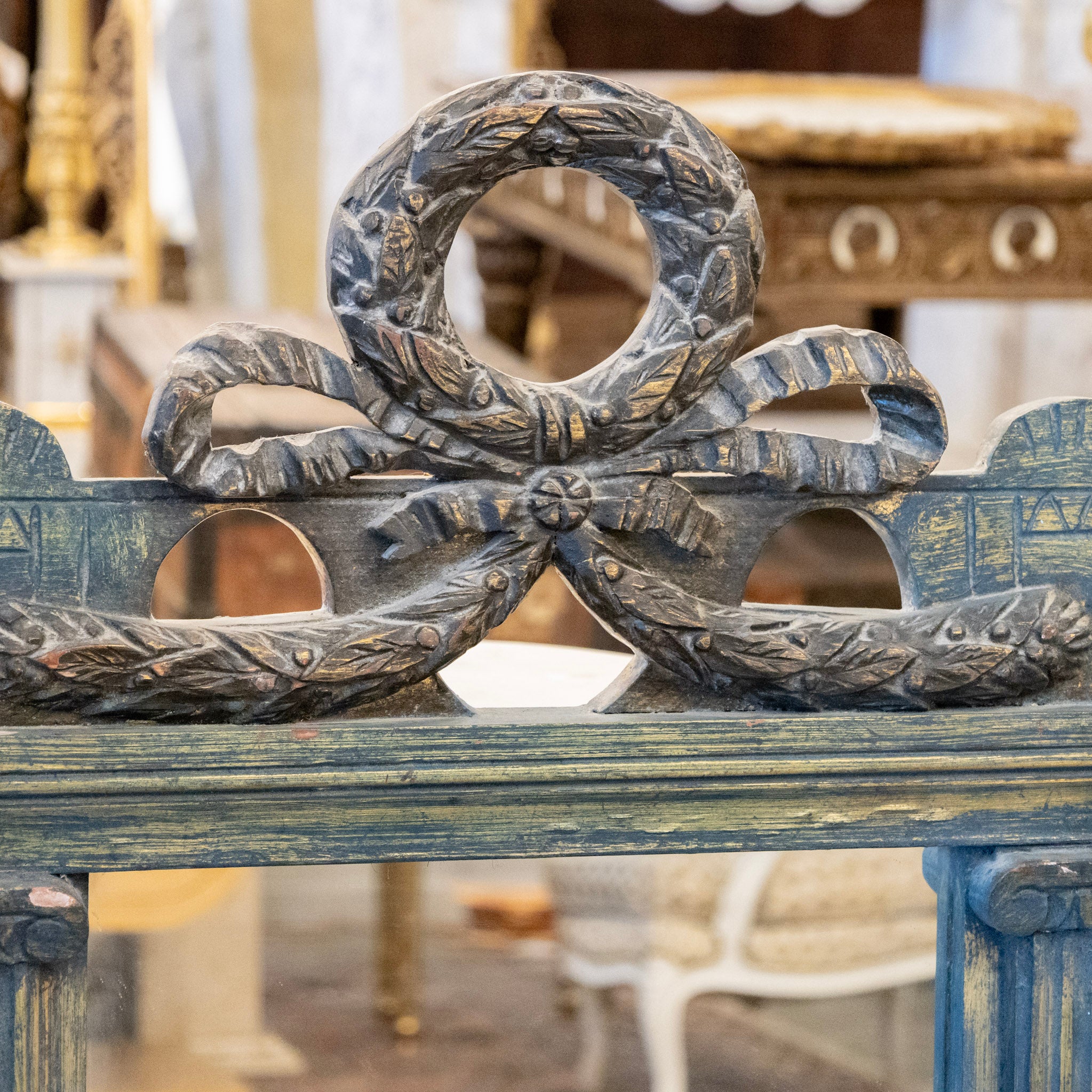 French Carved Blue Painted Mirror – Wreath & Bow Crest - Image 5