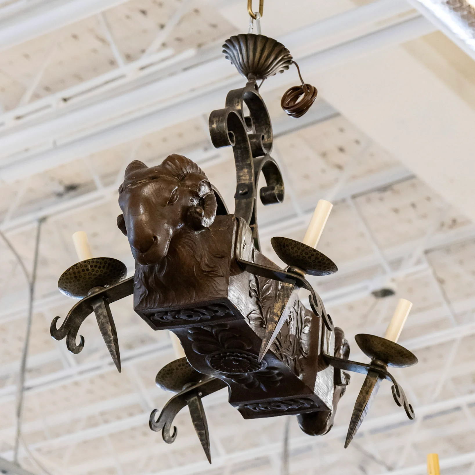 Petite French Iron Ram Head Chandelier