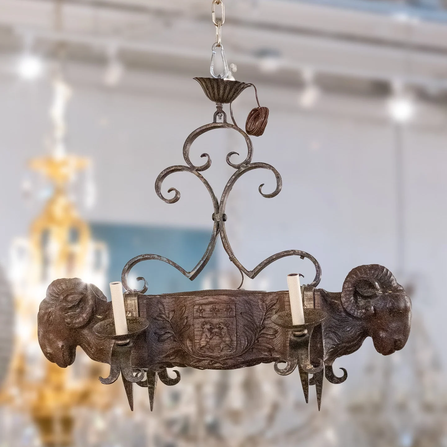 Petite French Iron Ram Head Chandelier - Image 2