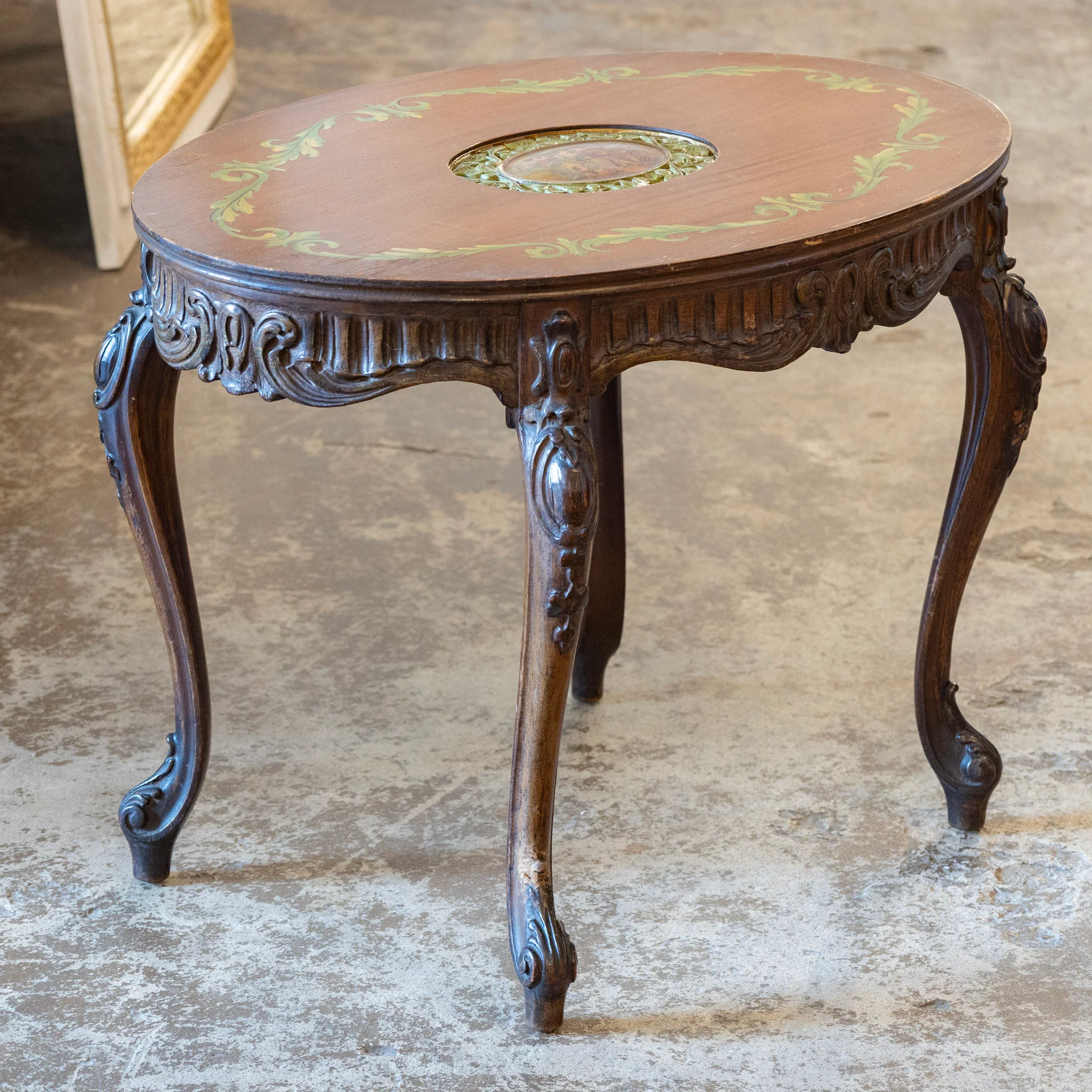 French Carved Side Table – Hand-Painted Inset Scene & Green Trim - Image 3