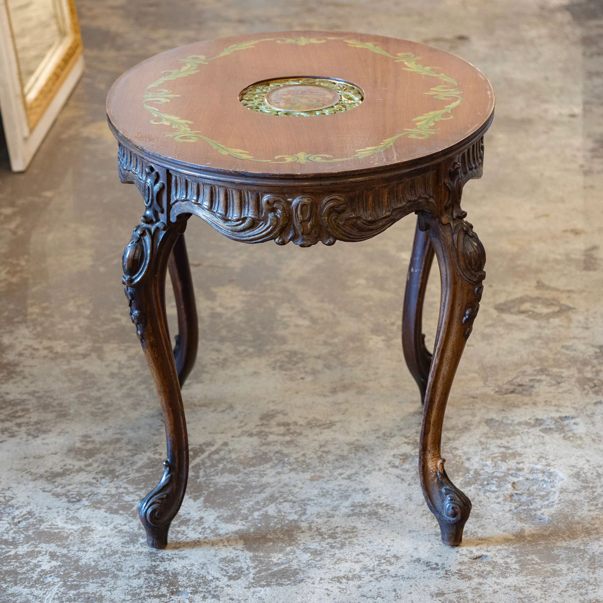 French Carved Side Table – Hand-Painted Inset Scene & Green Trim - Image 4