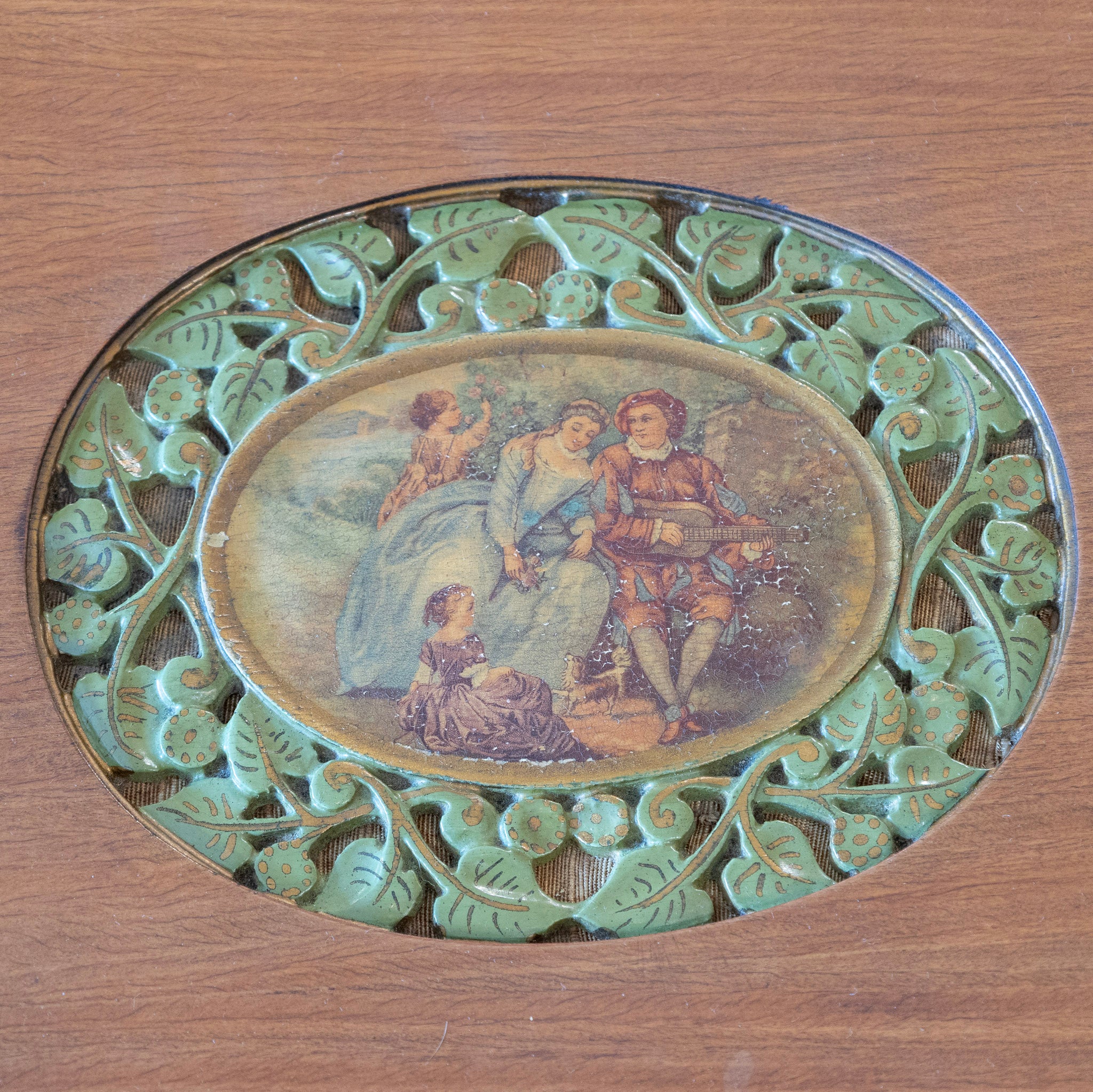 French Carved Side Table – Hand-Painted Inset Scene & Green Trim - Image 6