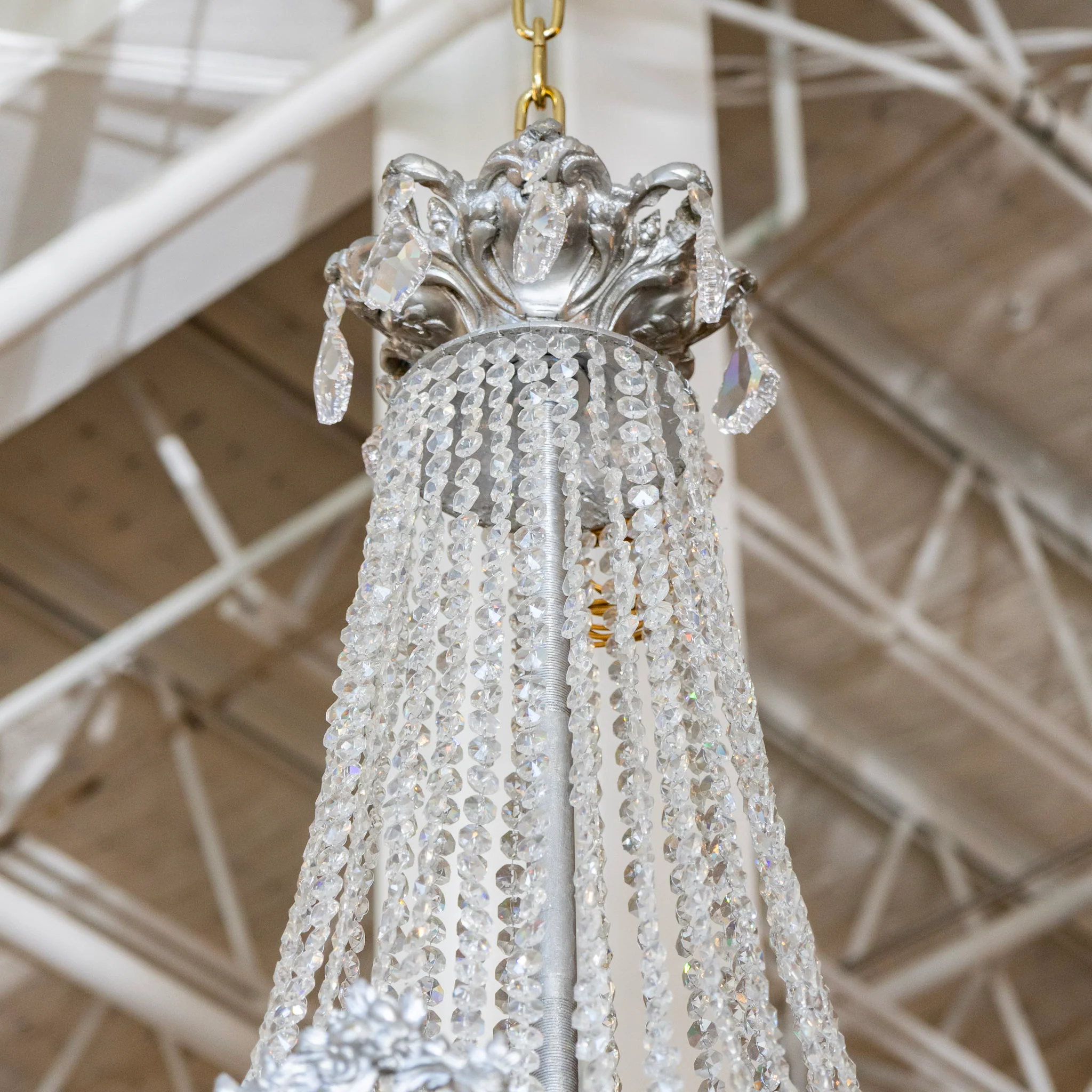 French Tiered Silver Chandelier – Ornate Crown & Crystal Drops - Image 4