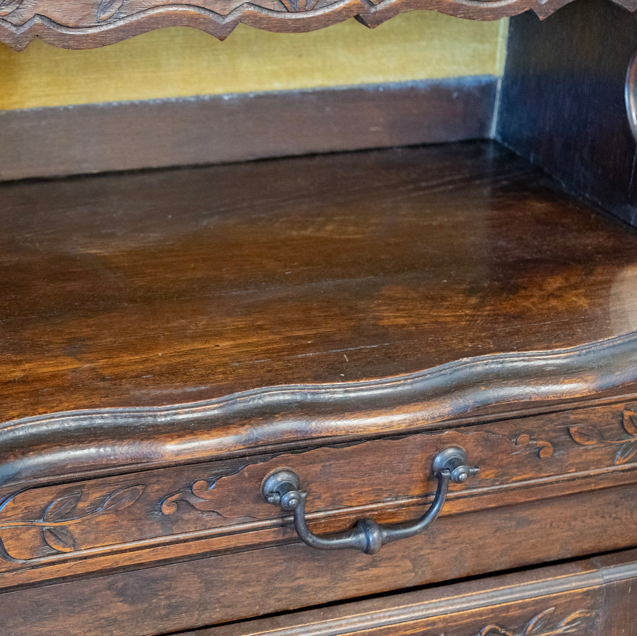 French Country Dark Wood Cabinet - Carved Shelves & Yellow Velvet Original Fabric - Image 11