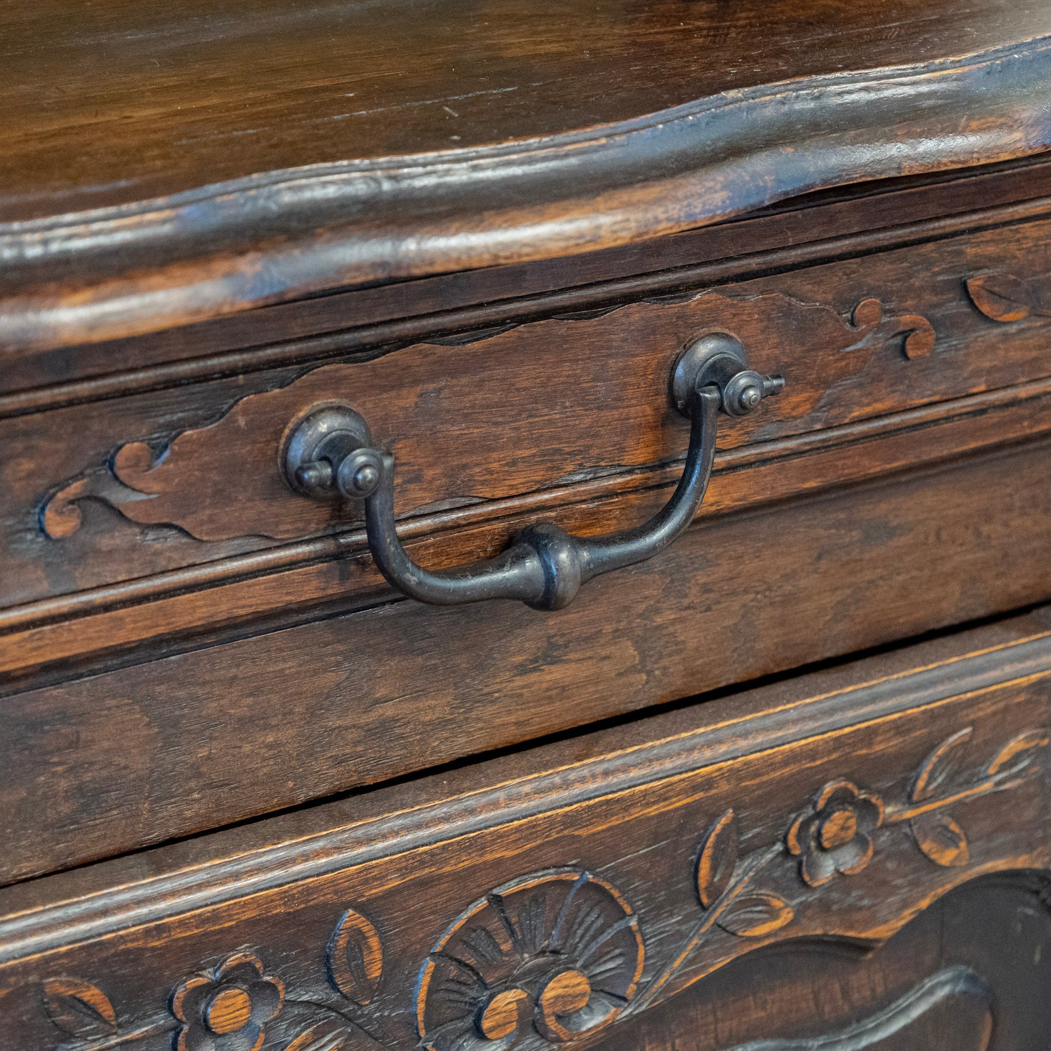 French Country Dark Wood Cabinet - Carved Shelves & Yellow Velvet Original Fabric - Image 12