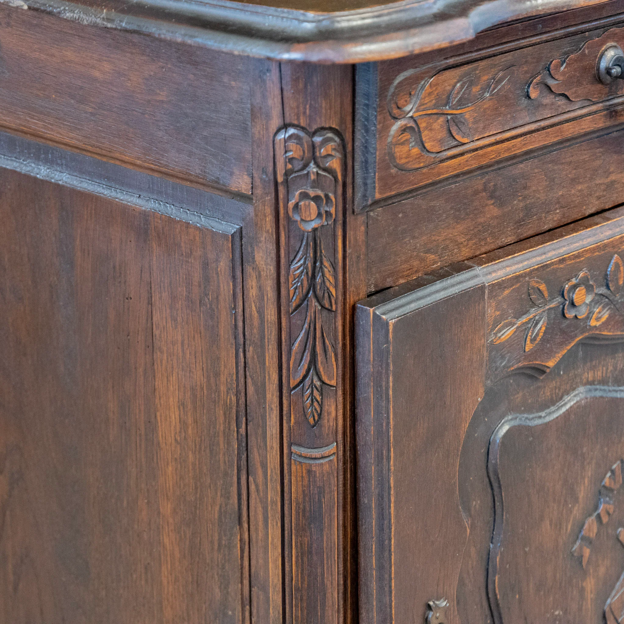 French Country Dark Wood Cabinet - Carved Shelves & Yellow Velvet Original Fabric - Image 16