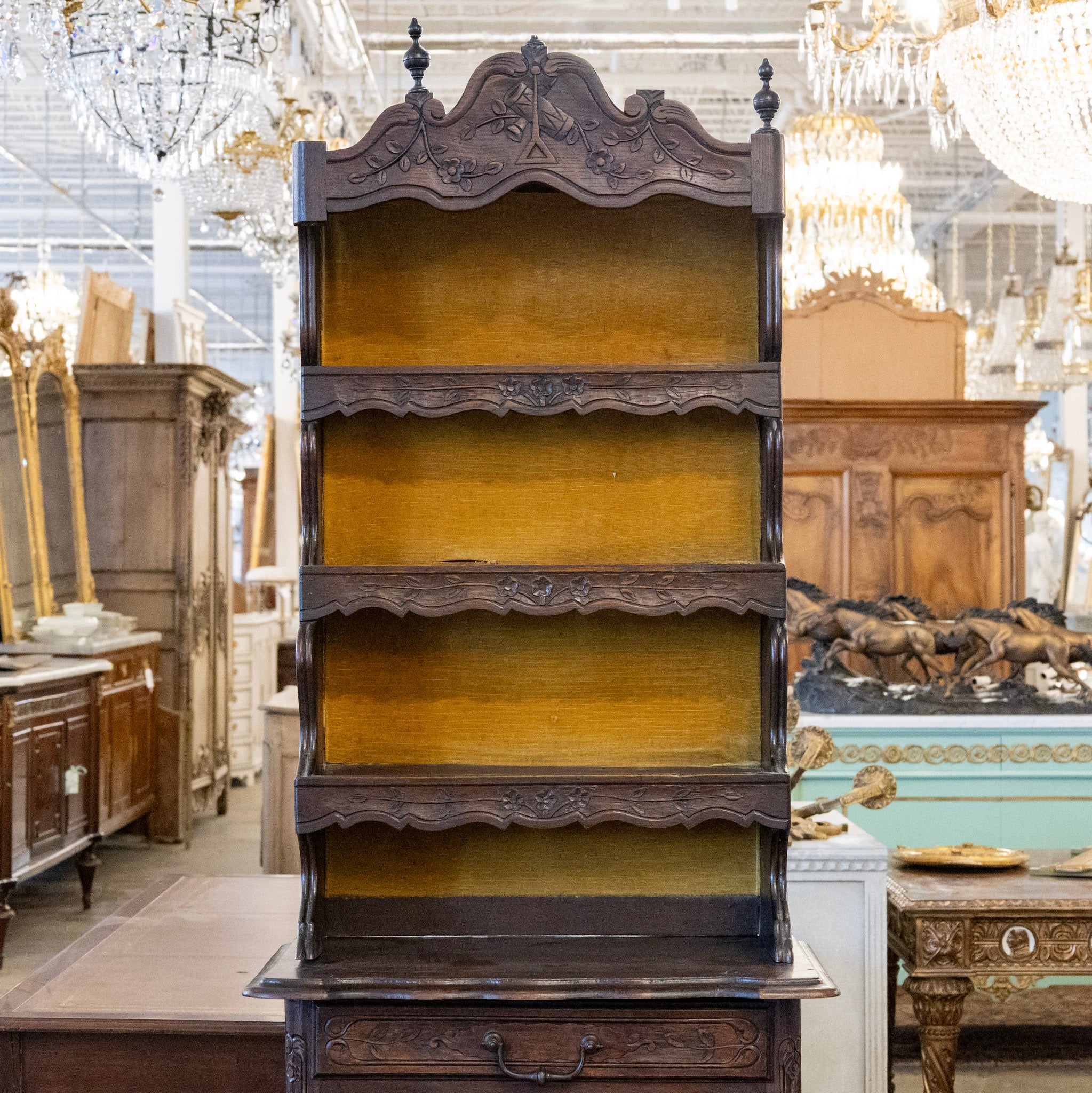 French Country Dark Wood Cabinet - Carved Shelves & Yellow Velvet Original Fabric - Image 3
