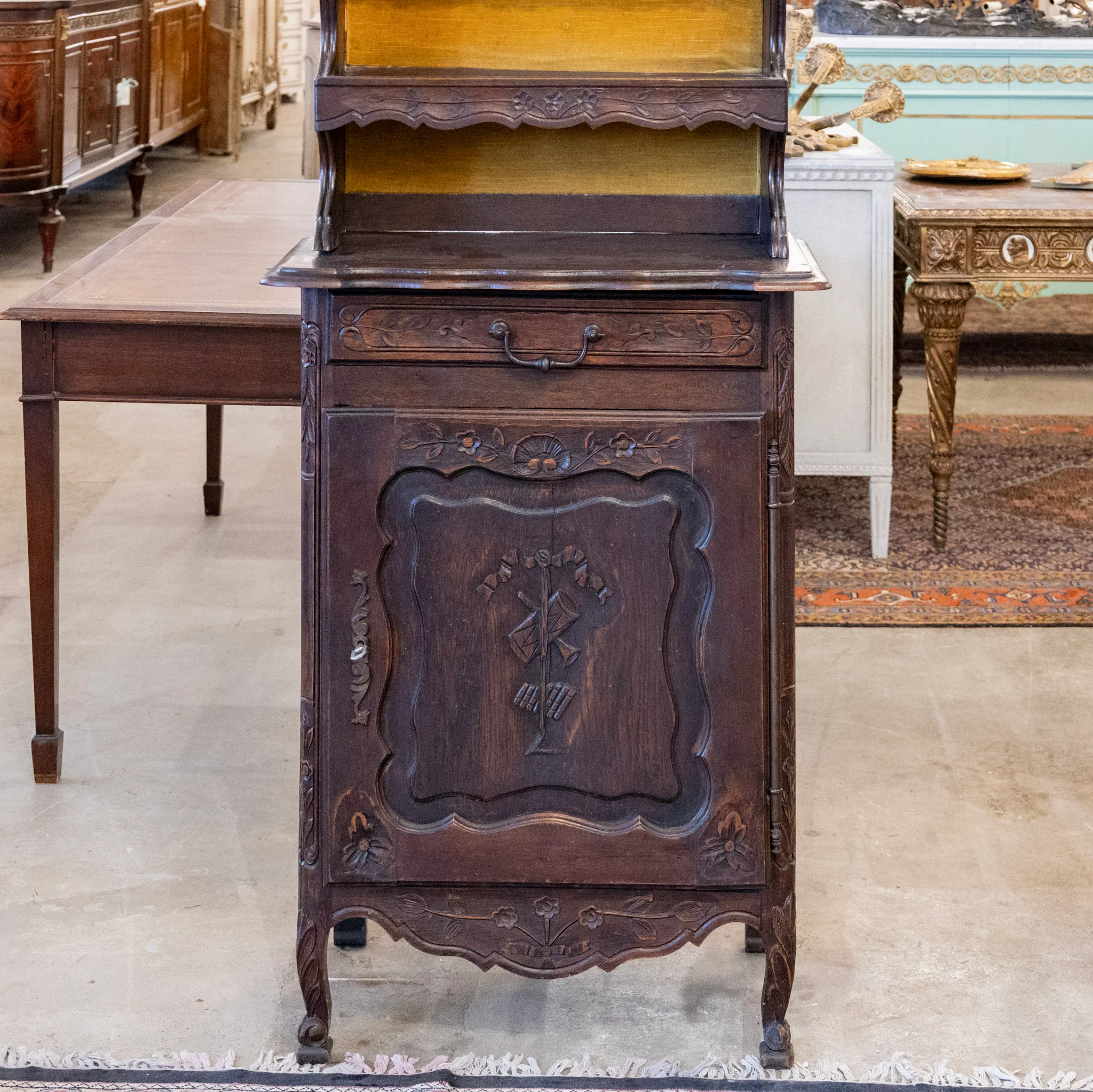French Country Dark Wood Cabinet - Carved Shelves & Yellow Velvet Original Fabric - Image 4