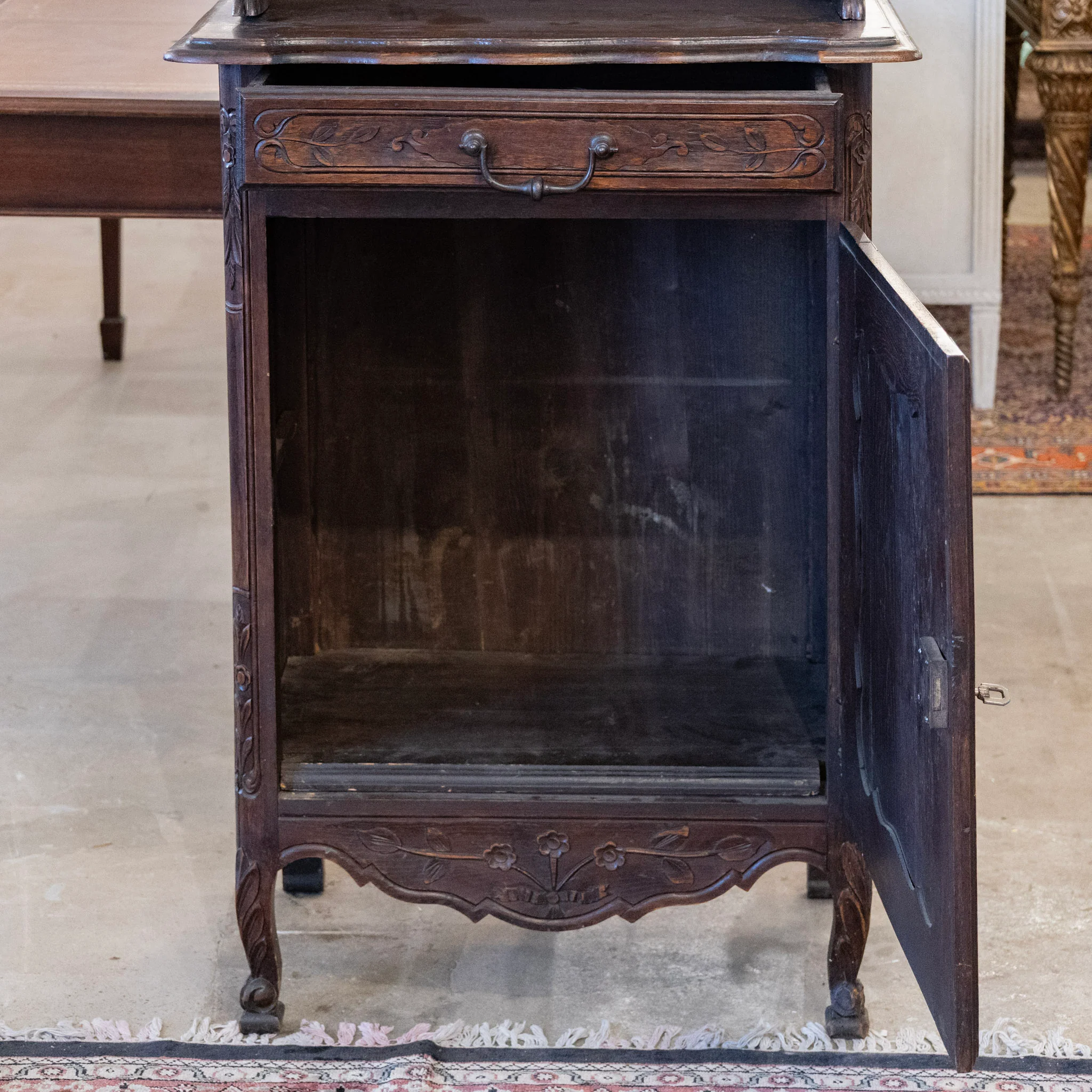 French Country Dark Wood Cabinet - Carved Shelves & Yellow Velvet Original Fabric - Image 6