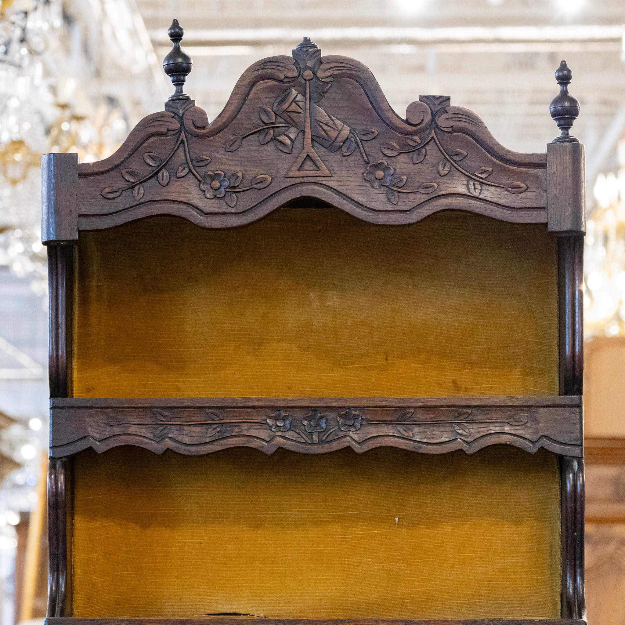 French Country Dark Wood Cabinet - Carved Shelves & Yellow Velvet Original Fabric - Image 8