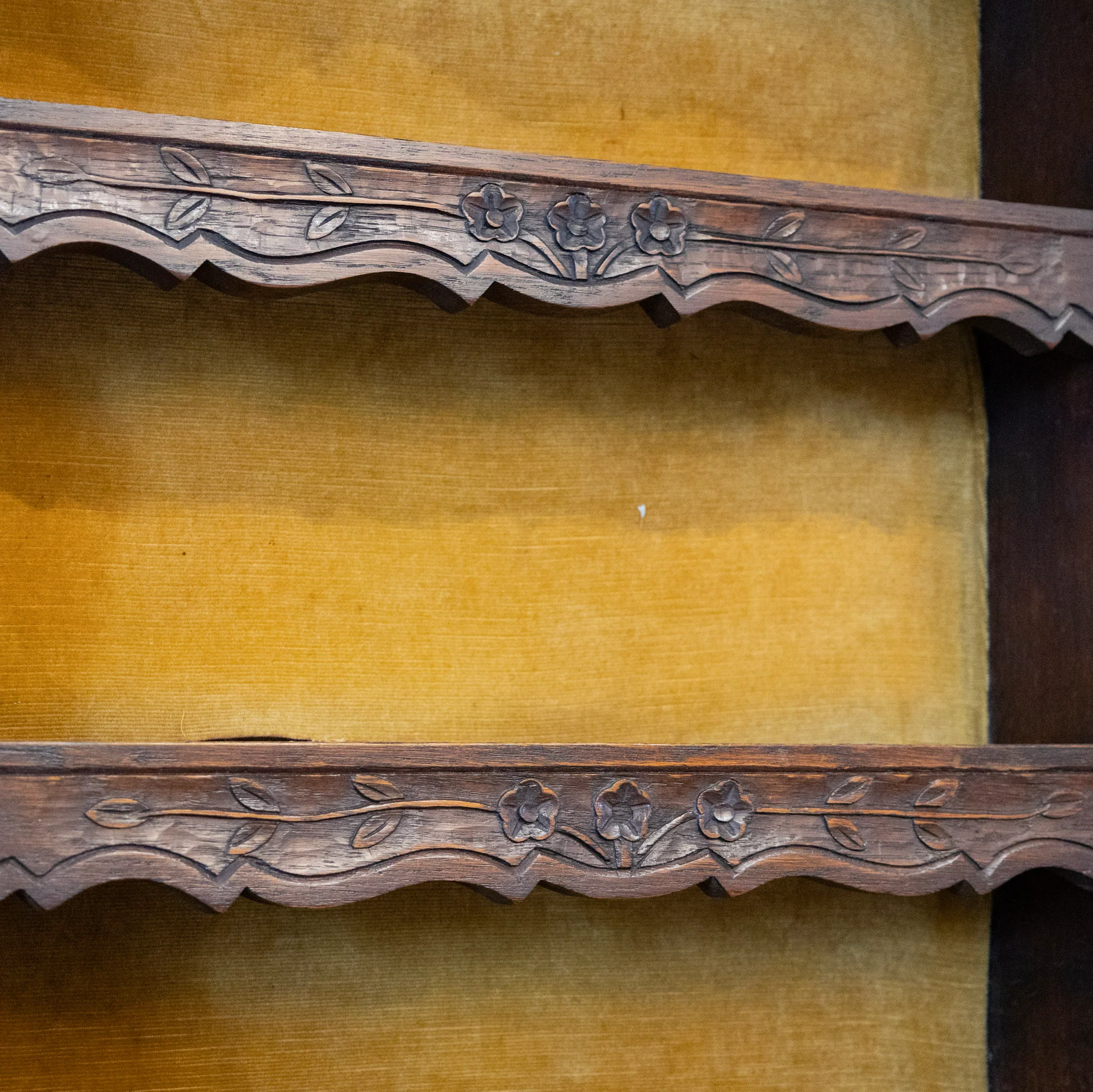French Country Dark Wood Cabinet - Carved Shelves & Yellow Velvet Original Fabric - Image 9