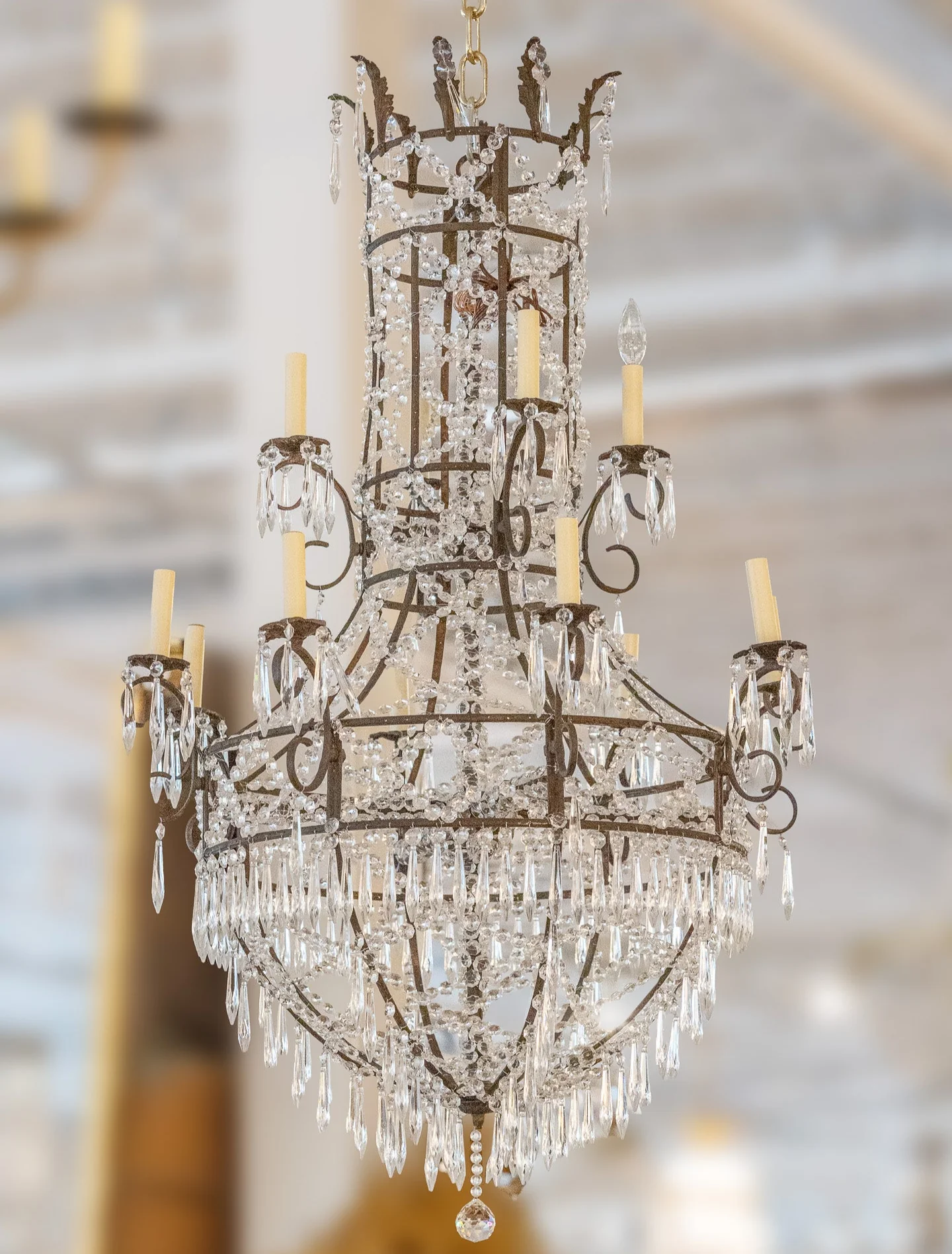 French Empire Basket Dark Brass Chandelier – Beaded & Icicle Crystals