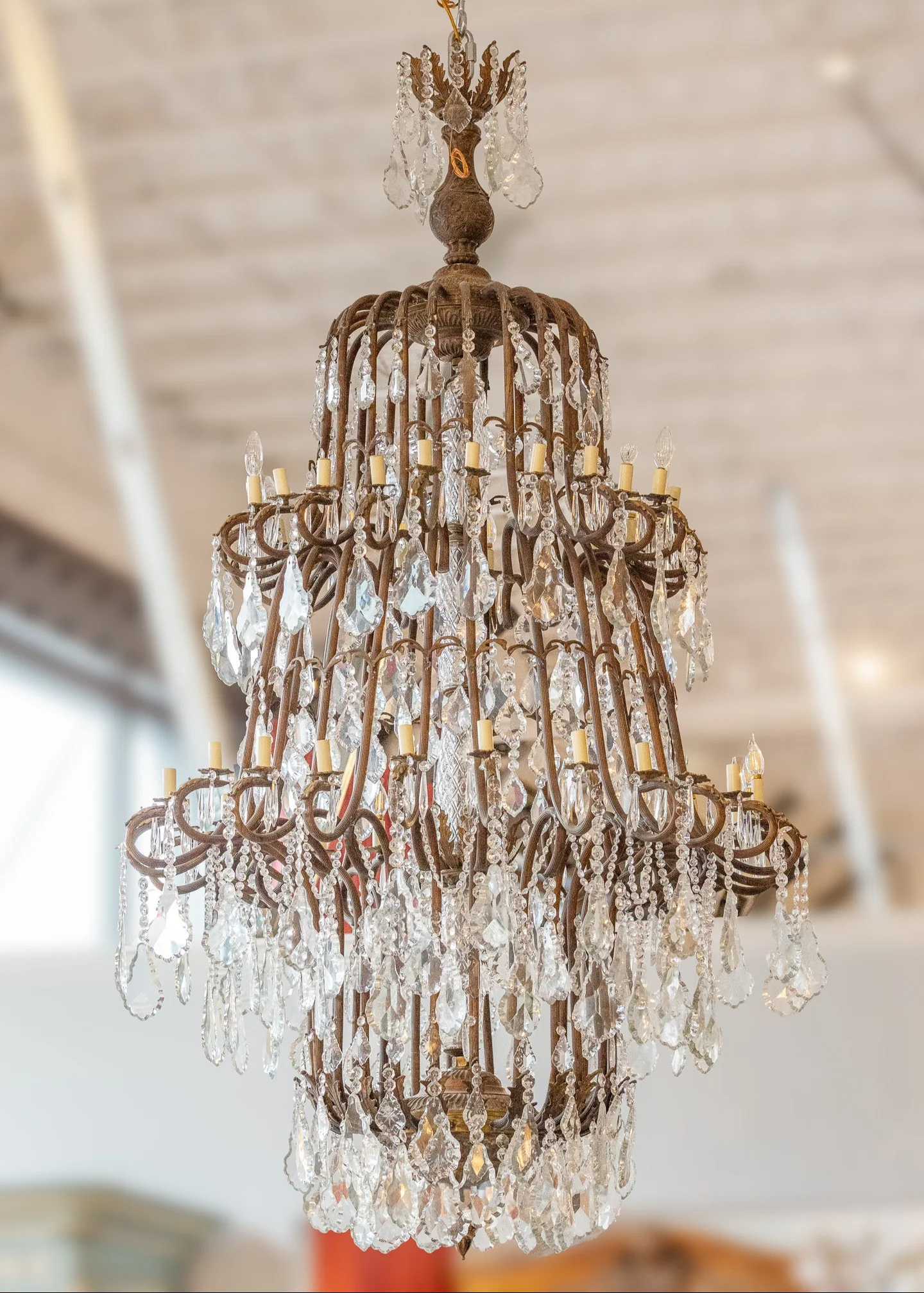 Grand French Empire Candelabra Chandelier – Patinated Dark Brass Frame & Crystal Drops