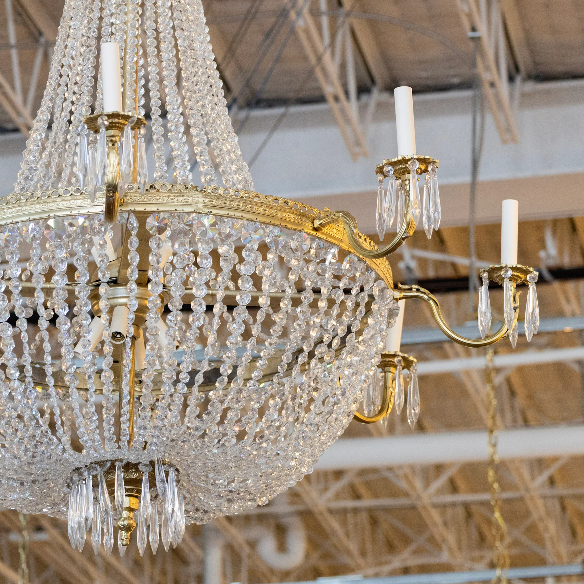 Grand Empire French Brass Basket Chandelier – Beaded Crystal & Icicle Drops - Image 3