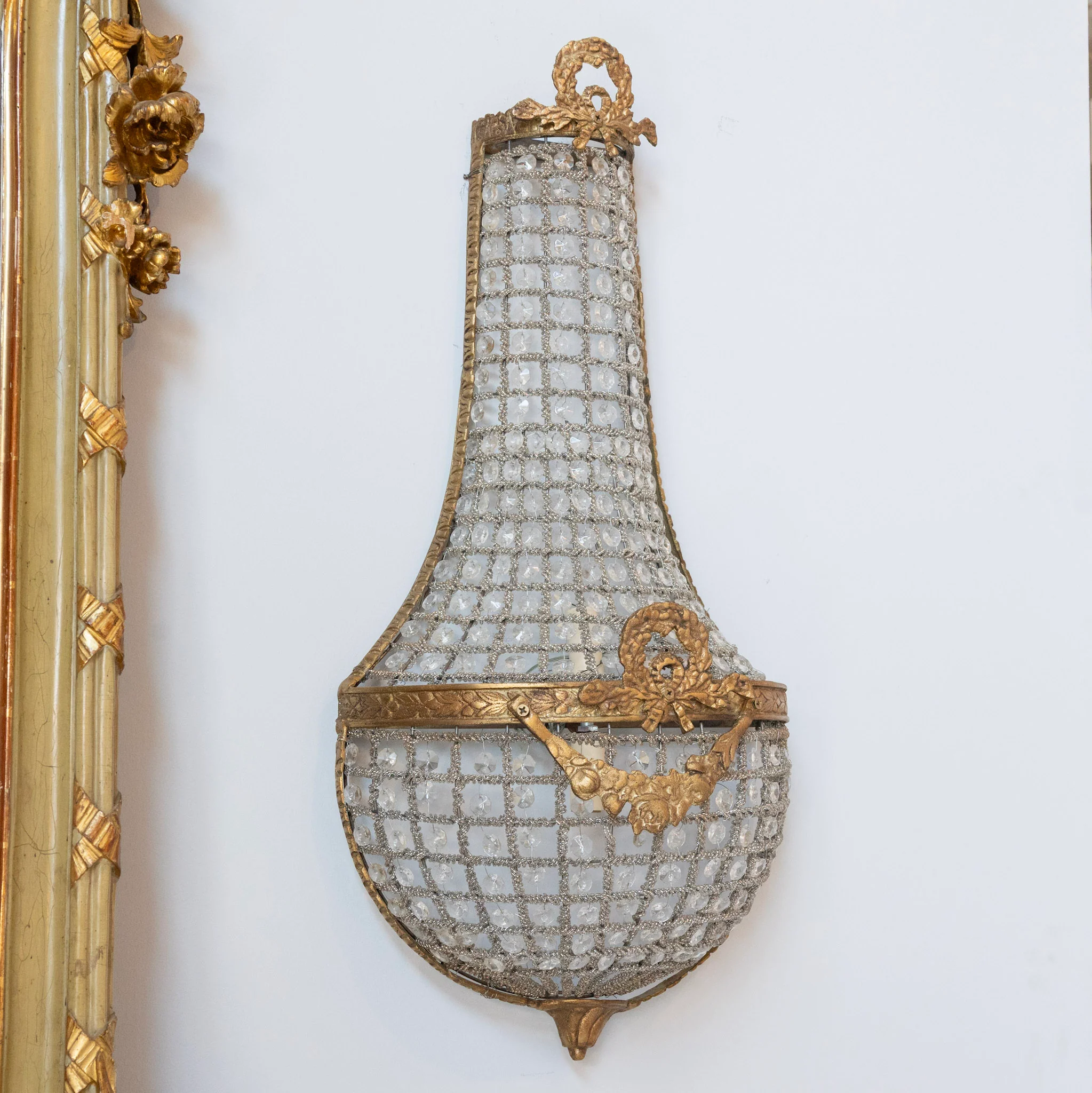 Pair of French Empire Crystal Basket Sconces – Gilded Bronze Trim