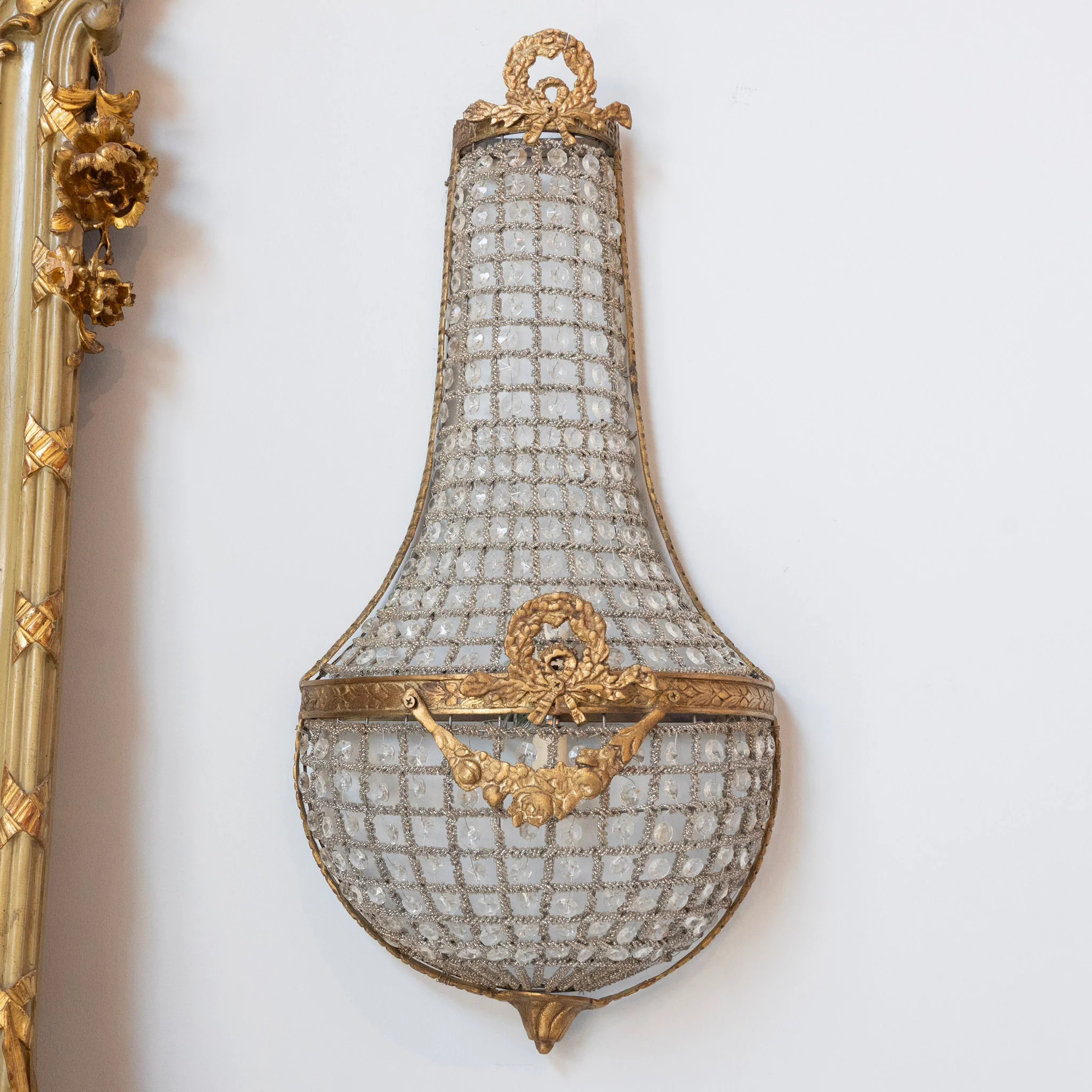 Pair of French Empire Crystal Basket Sconces – Gilded Bronze Trim - Image 2