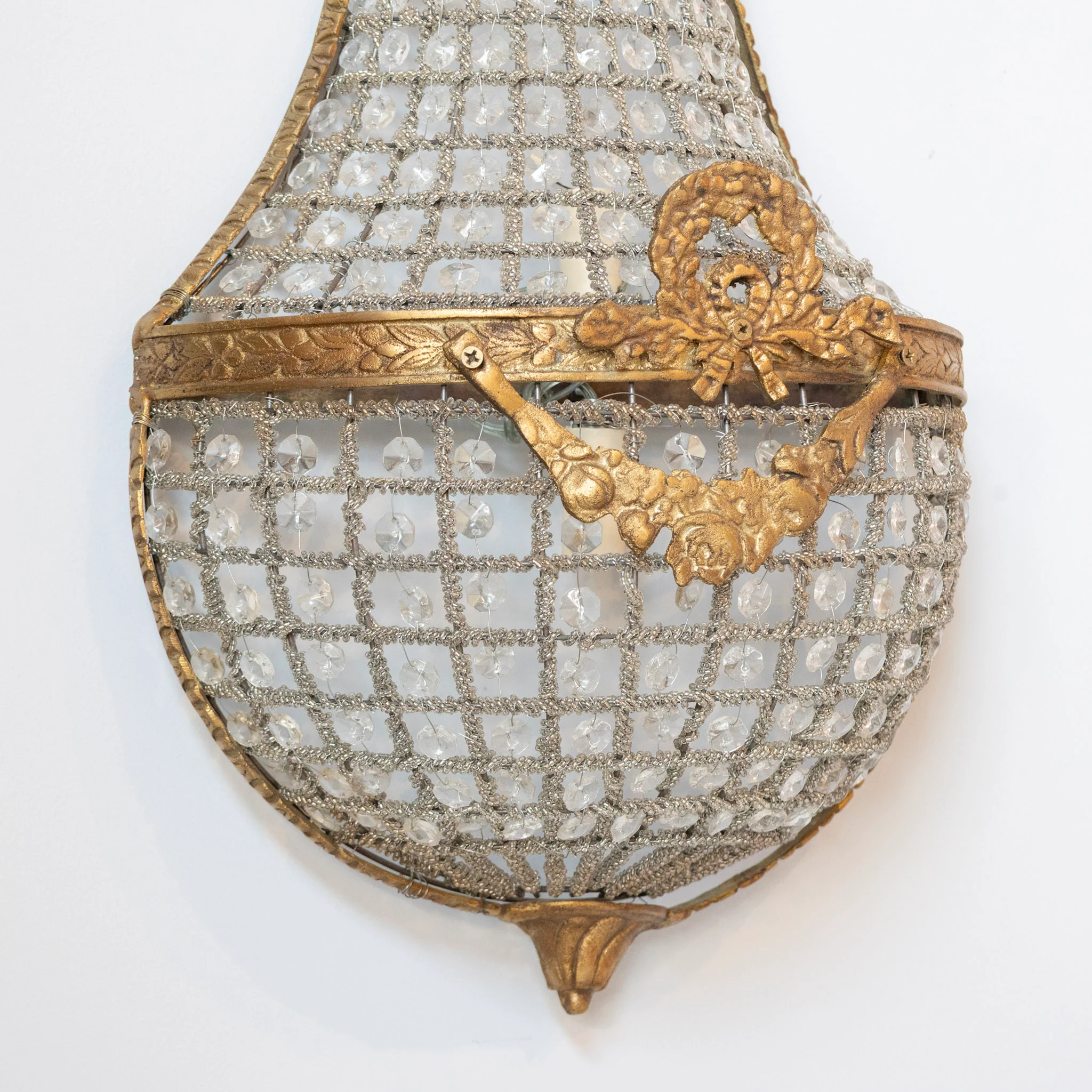 Pair of French Empire Crystal Basket Sconces – Gilded Bronze Trim - Image 6