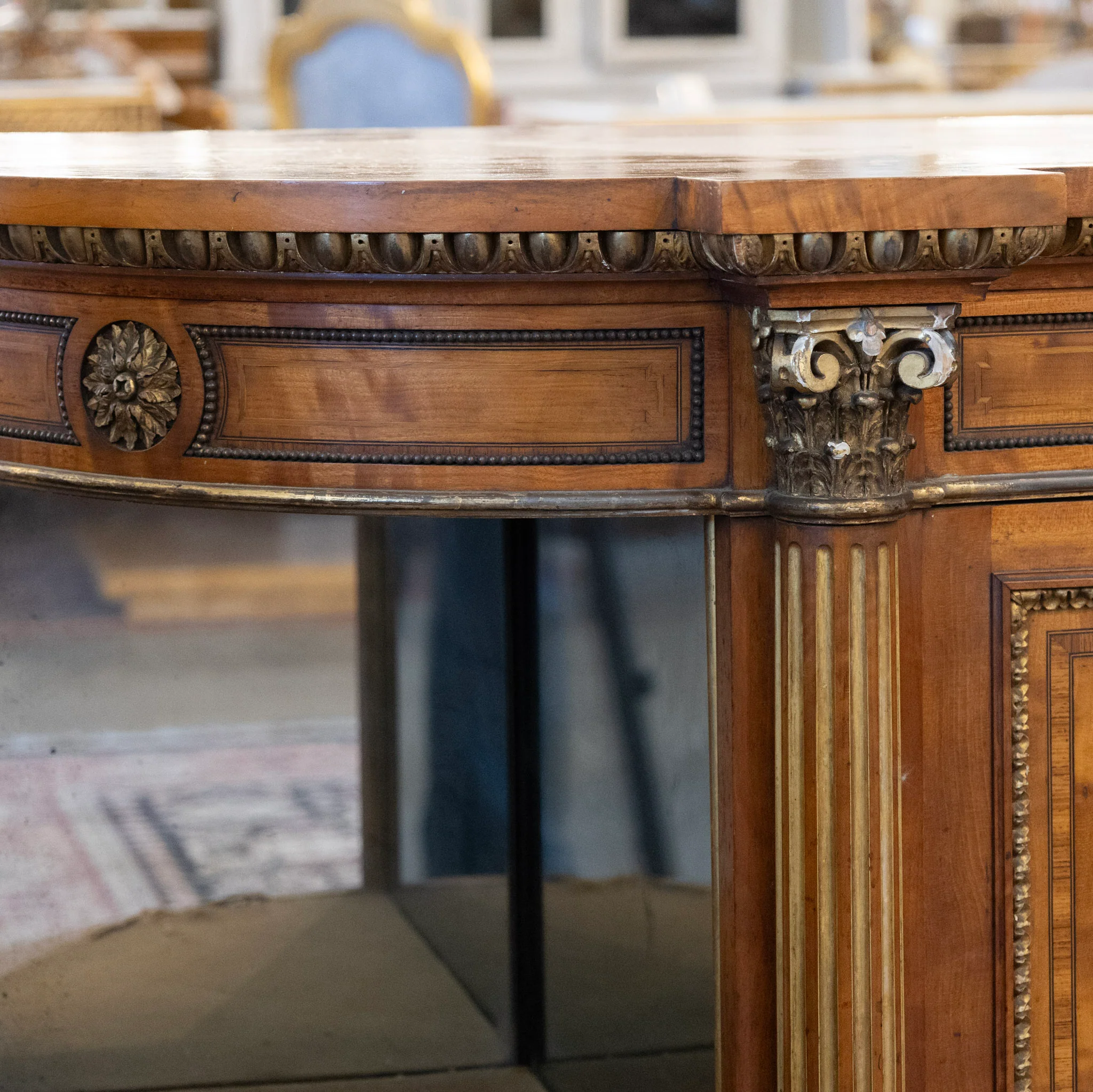 French Empire Demilune Sideboard – Neoclassical Medallions & Curved Mirror Shelves - Image 10