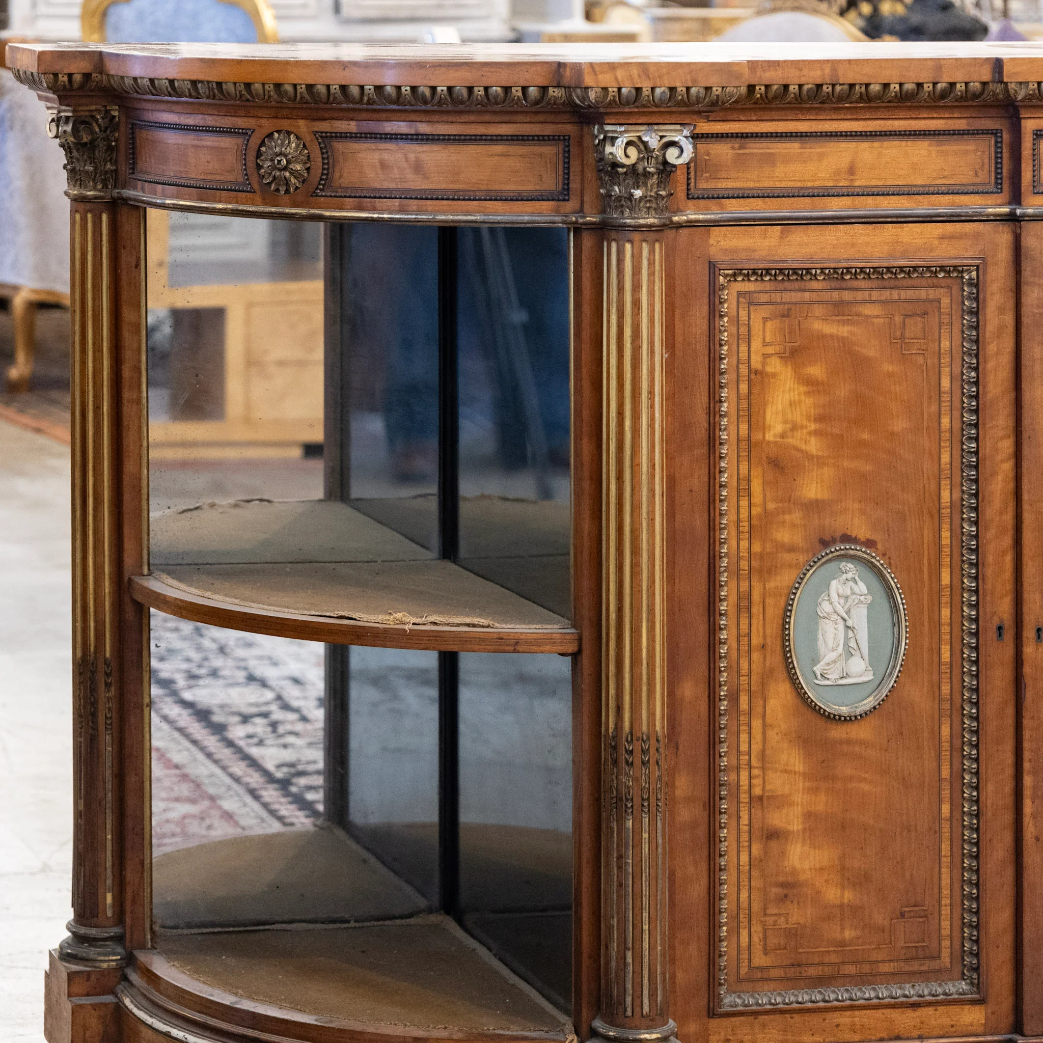 French Empire Demilune Sideboard – Neoclassical Medallions & Curved Mirror Shelves - Image 11