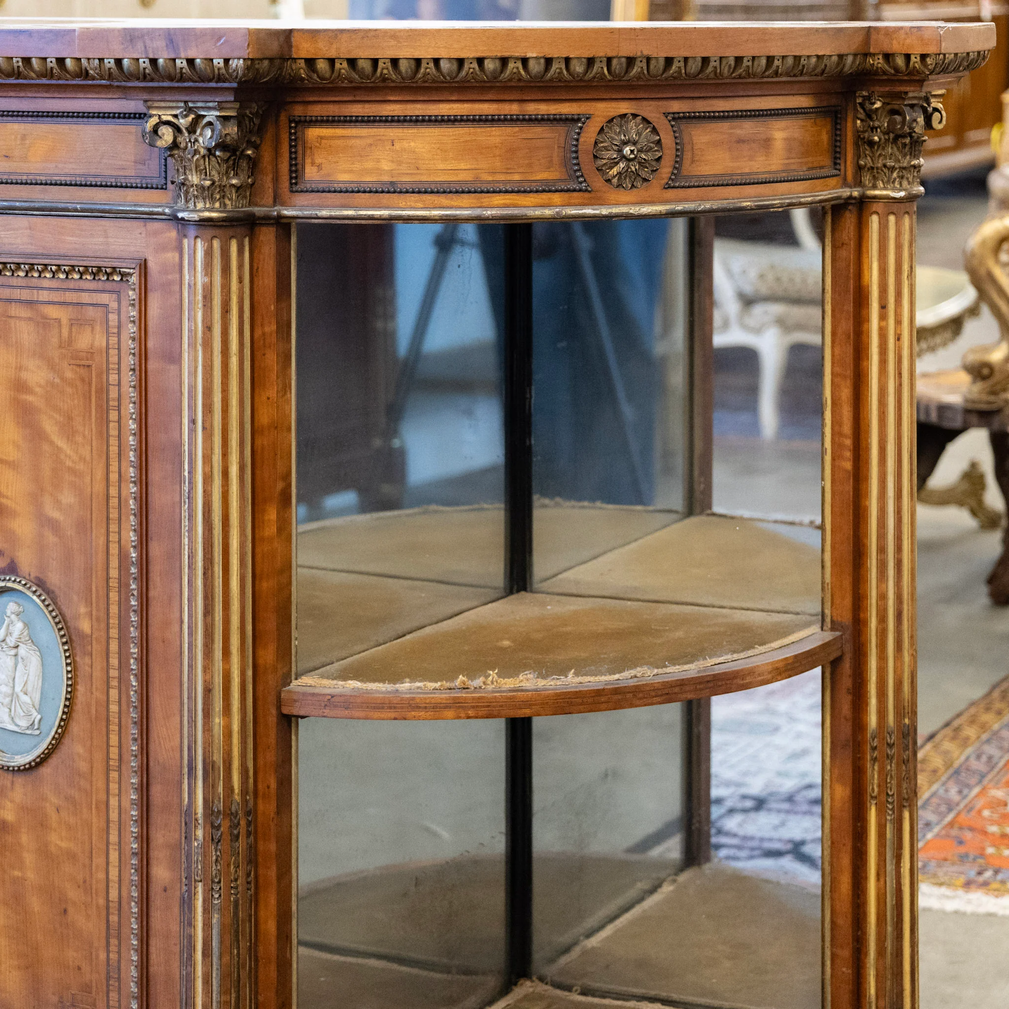 French Empire Demilune Sideboard – Neoclassical Medallions & Curved Mirror Shelves - Image 12