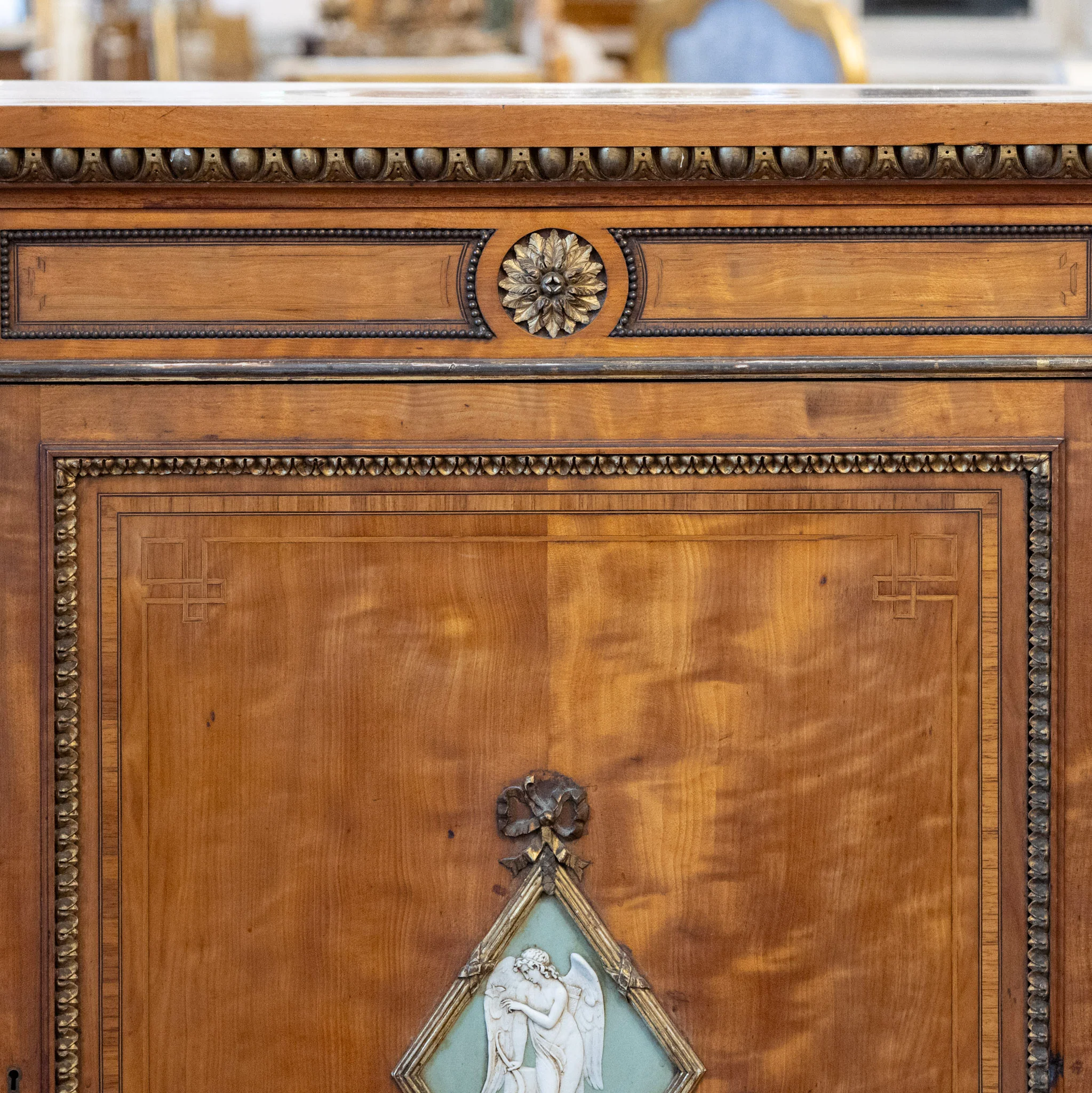 French Empire Demilune Sideboard – Neoclassical Medallions & Curved Mirror Shelves - Image 14