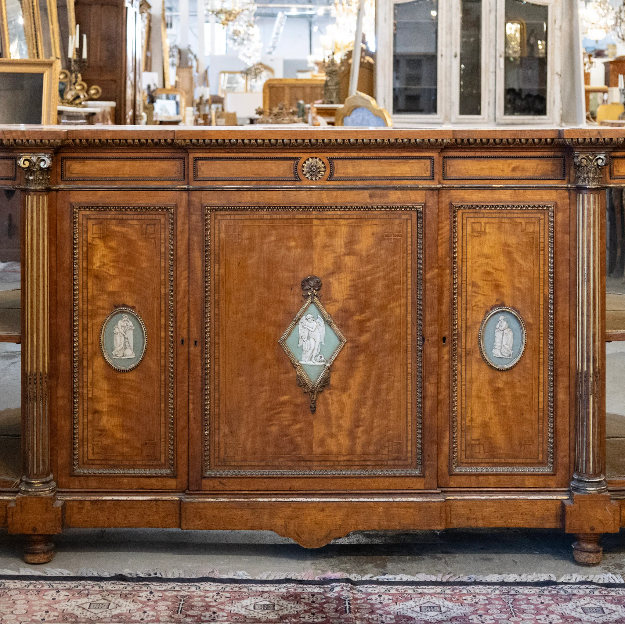 French Empire Demilune Sideboard – Neoclassical Medallions & Curved Mirror Shelves - Image 2