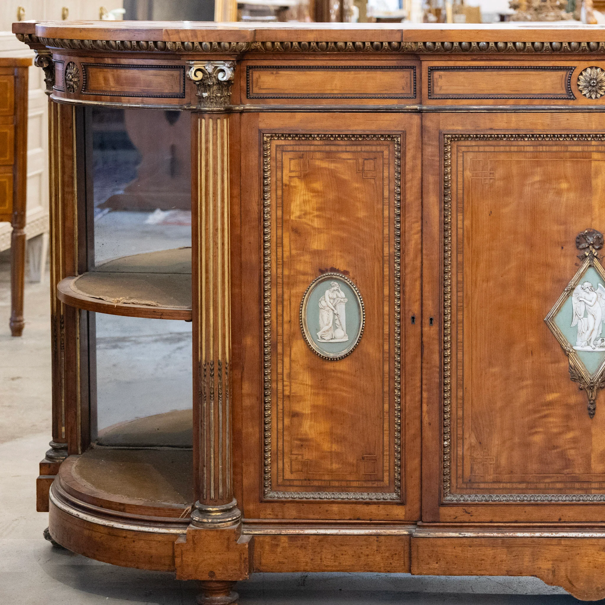 French Empire Demilune Sideboard – Neoclassical Medallions & Curved Mirror Shelves - Image 3