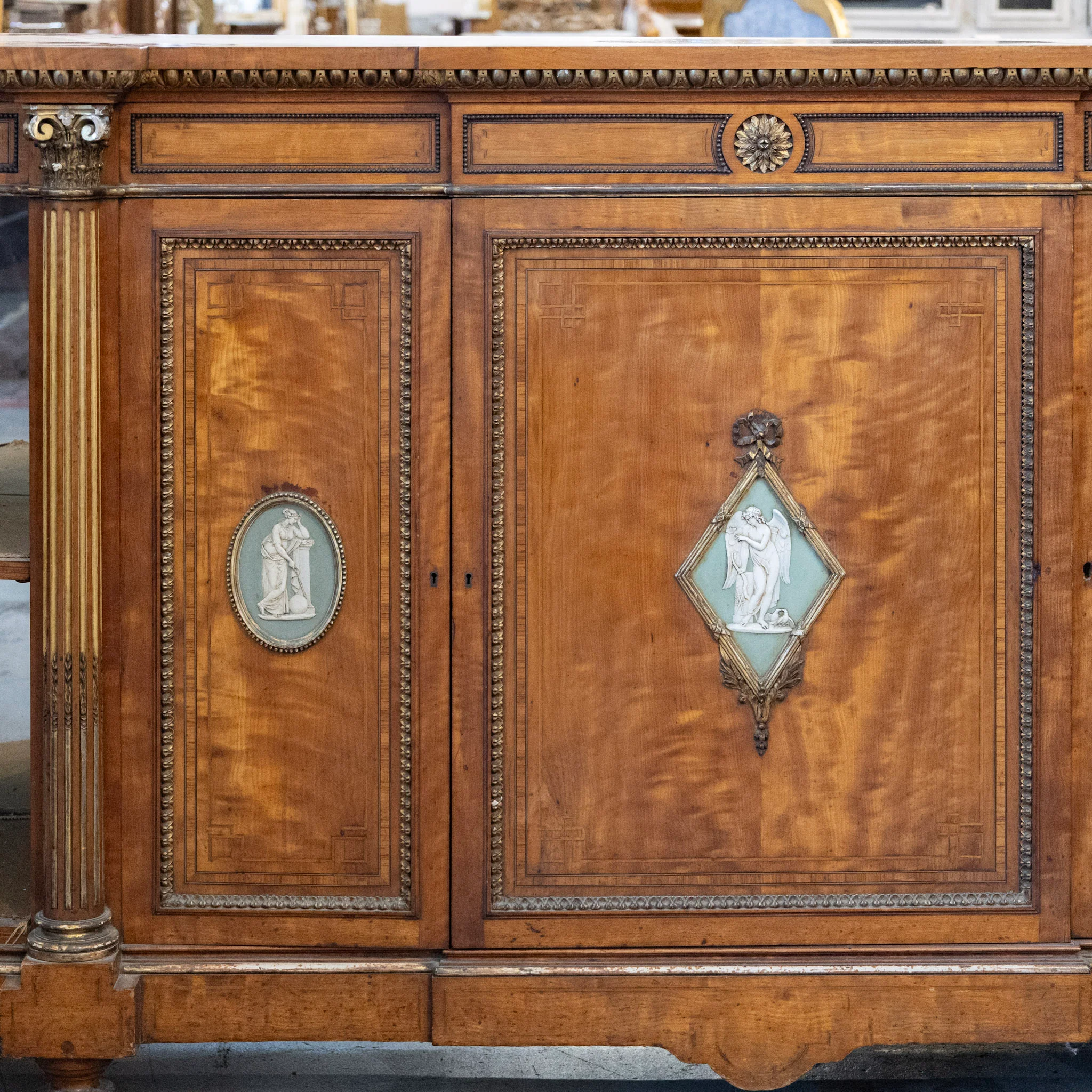 French Empire Demilune Sideboard – Neoclassical Medallions & Curved Mirror Shelves - Image 7