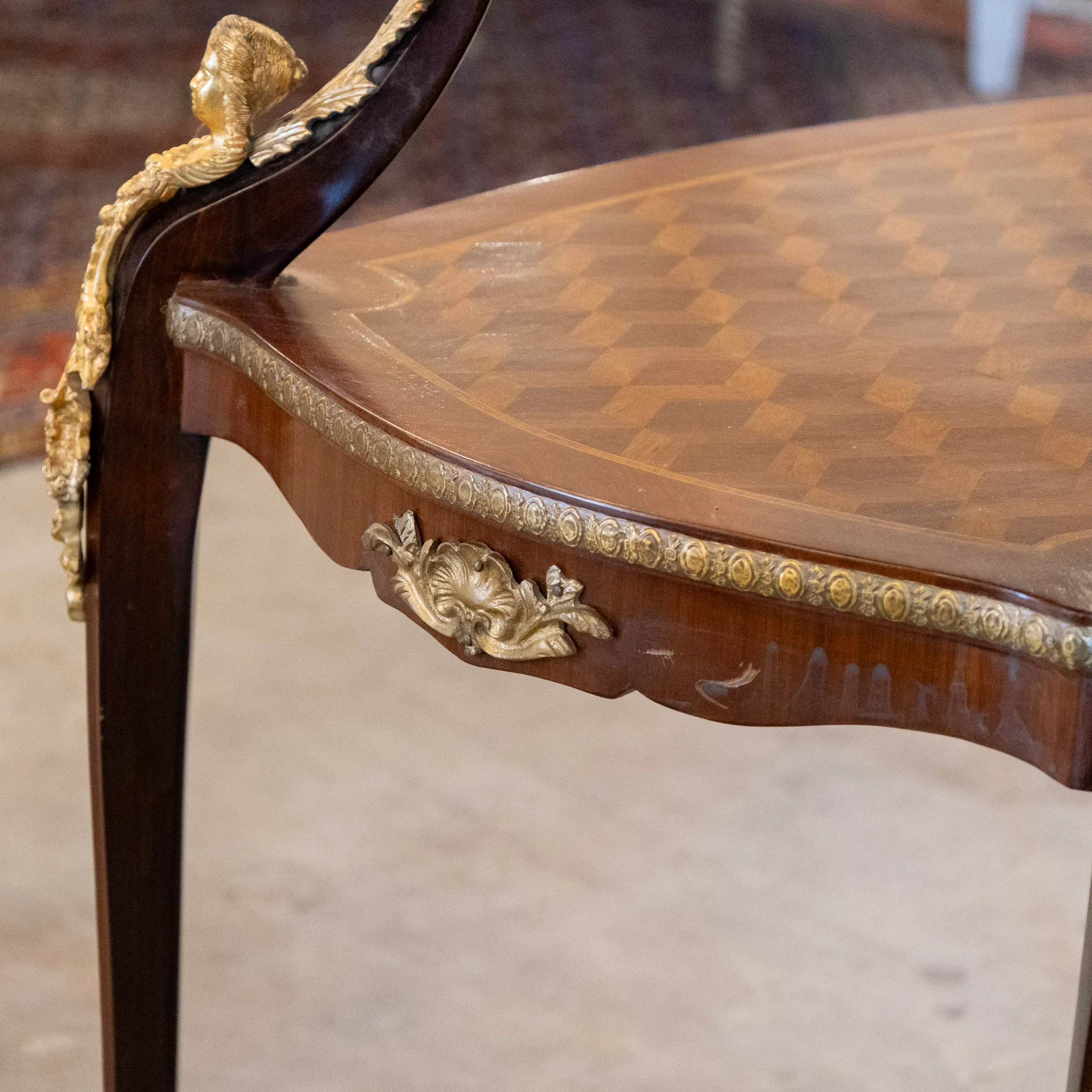 French Empire Side Table – Checkered Wood Inlay & Ormolu Mounts - Image 11