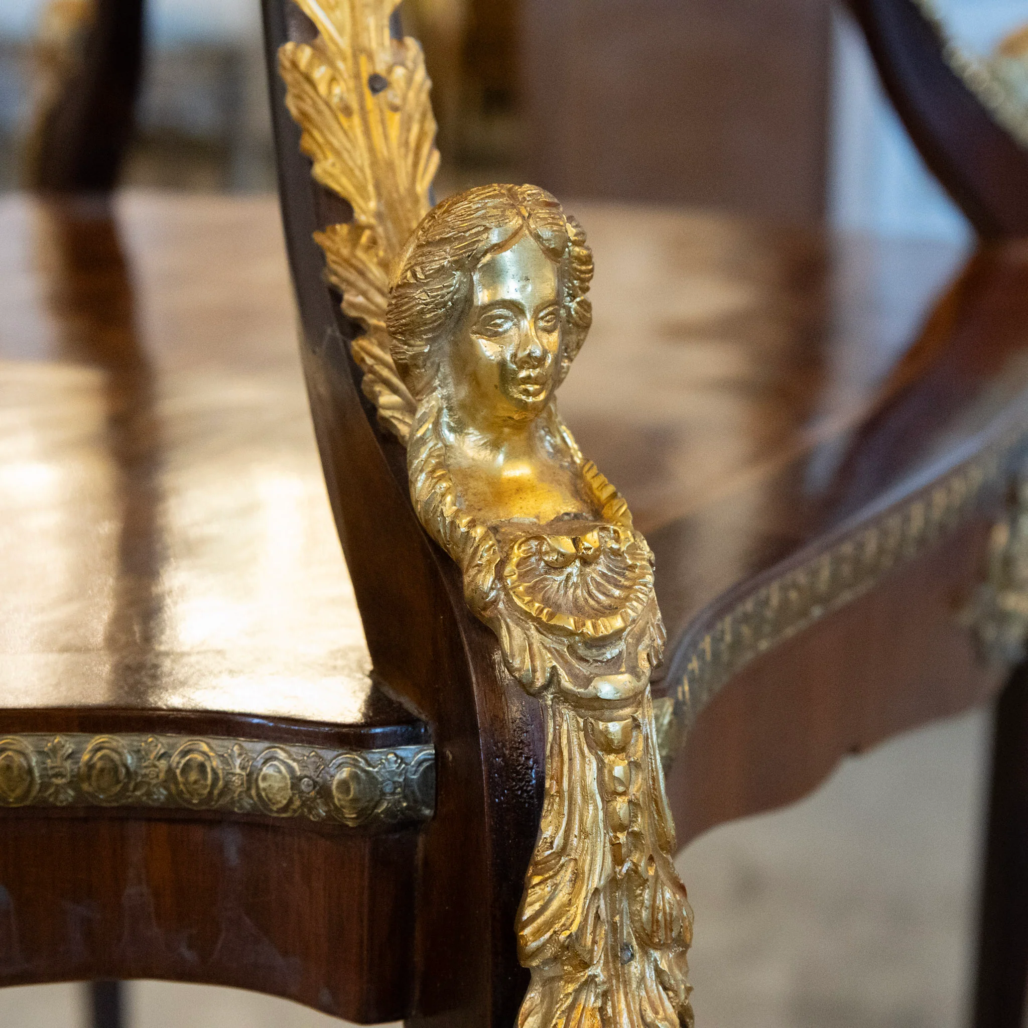 French Empire Side Table – Checkered Wood Inlay & Ormolu Mounts - Image 13