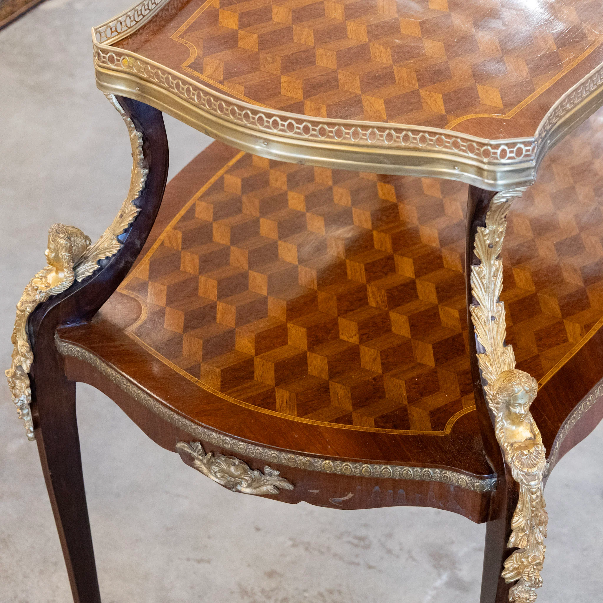 French Empire Side Table – Checkered Wood Inlay & Ormolu Mounts - Image 8