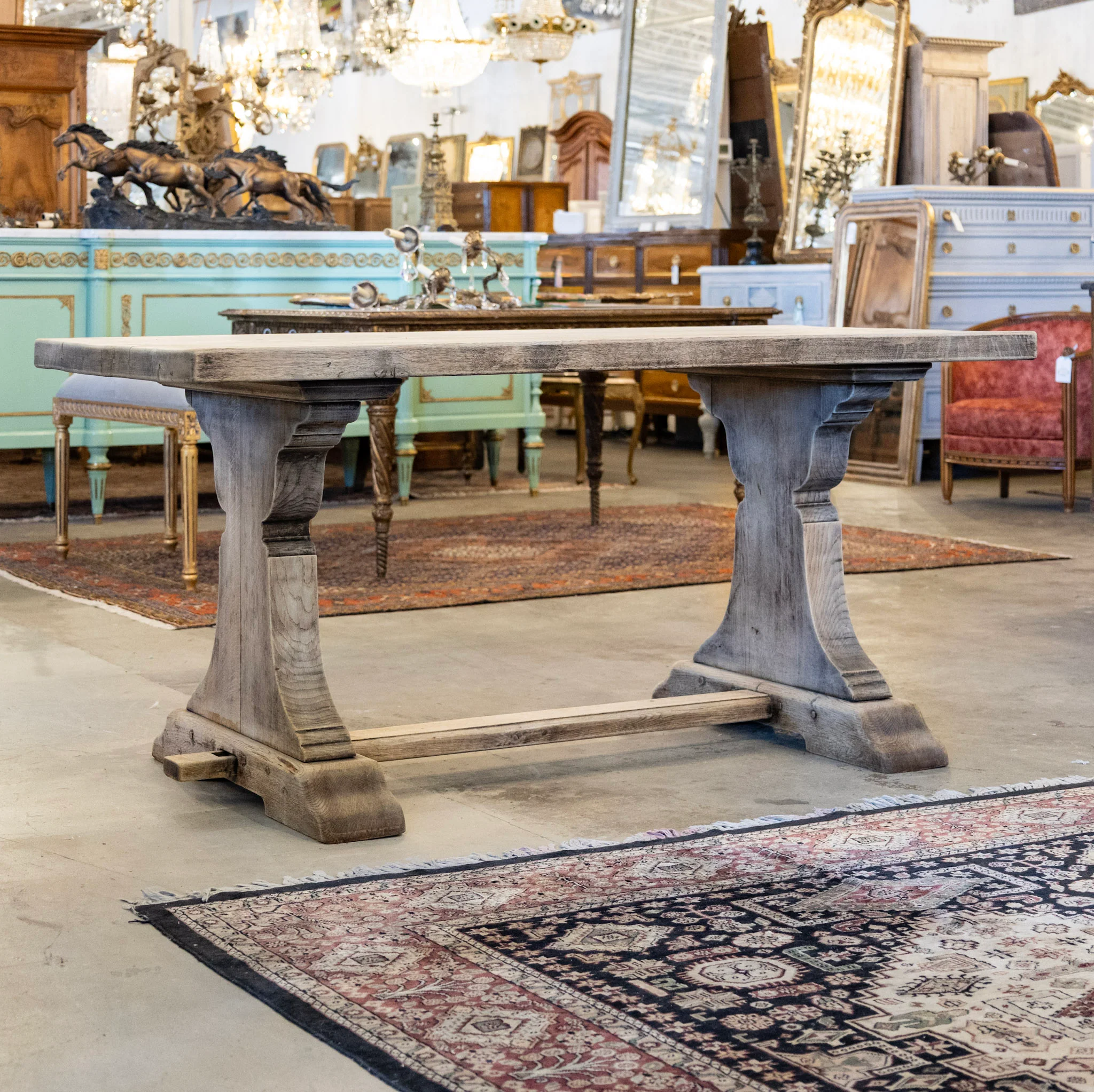 French Farm Dining Table - Light Wood Distressed Finish & Trestle Base