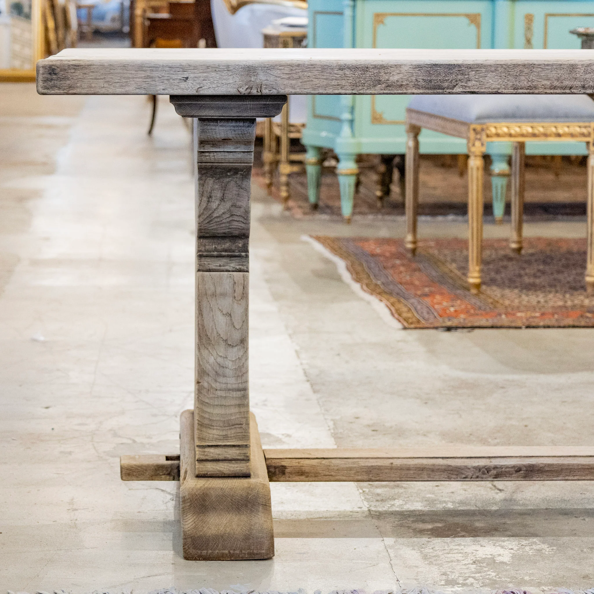 French Farm Dining Table - Light Wood Distressed Finish & Trestle Base - Image 2