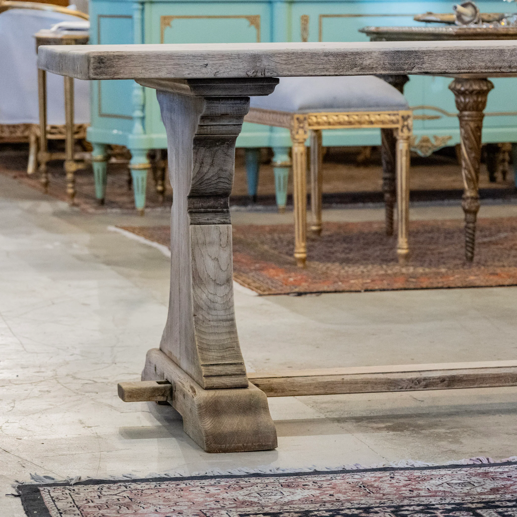 French Farm Dining Table - Light Wood Distressed Finish & Trestle Base - Image 3